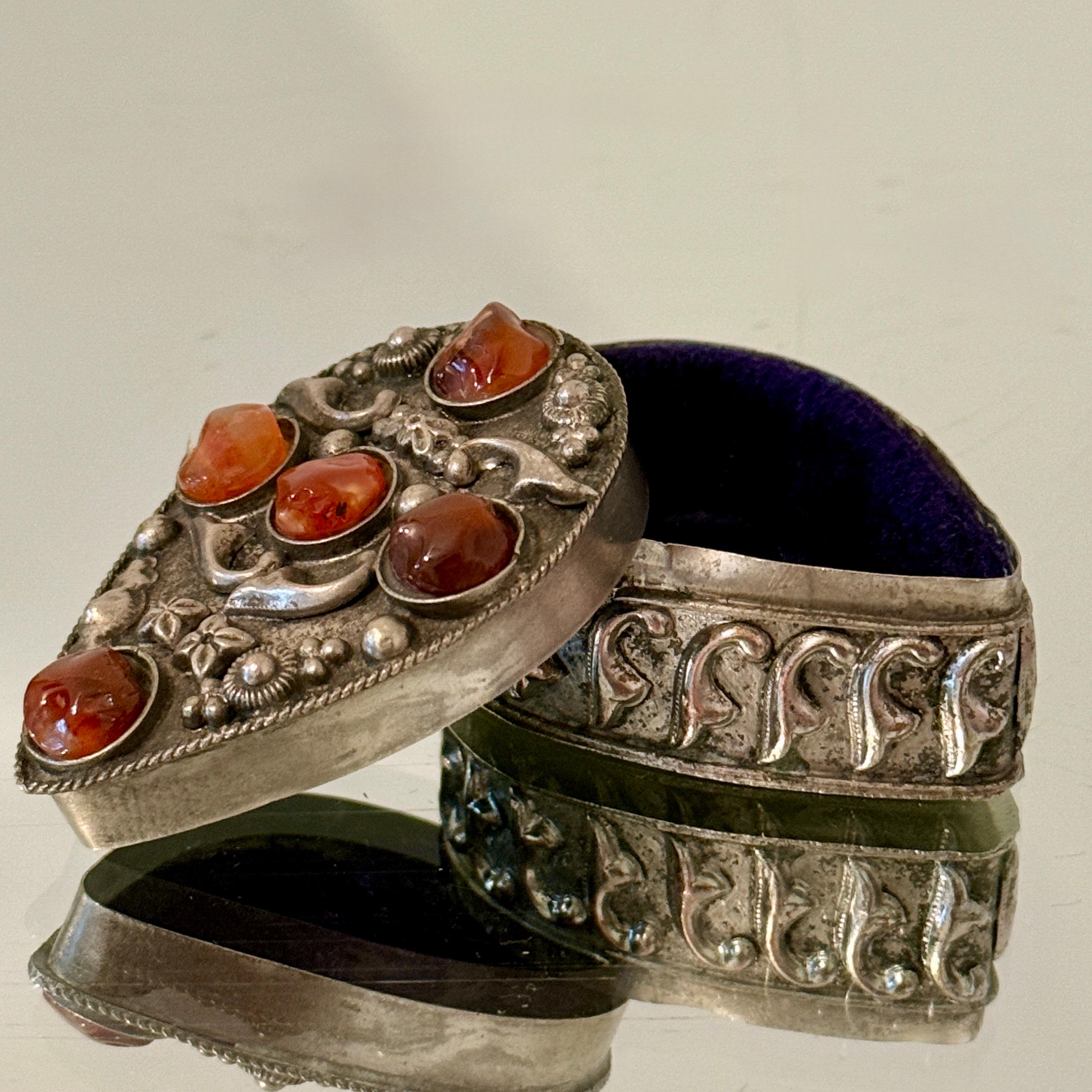 Late 20th Century Silvered Trinket Box with Inlays of Semi-Precious Stones, c. 1970's For Sale