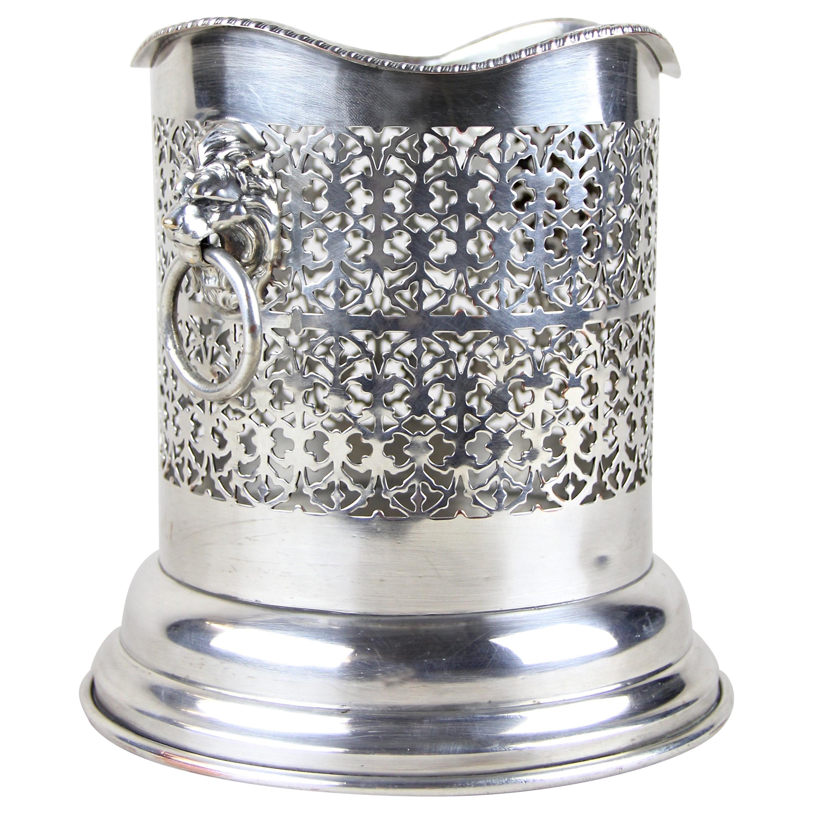Silvered Wine Bottle Holder "Lion Heads" Art Nouveau, England, circa 1900