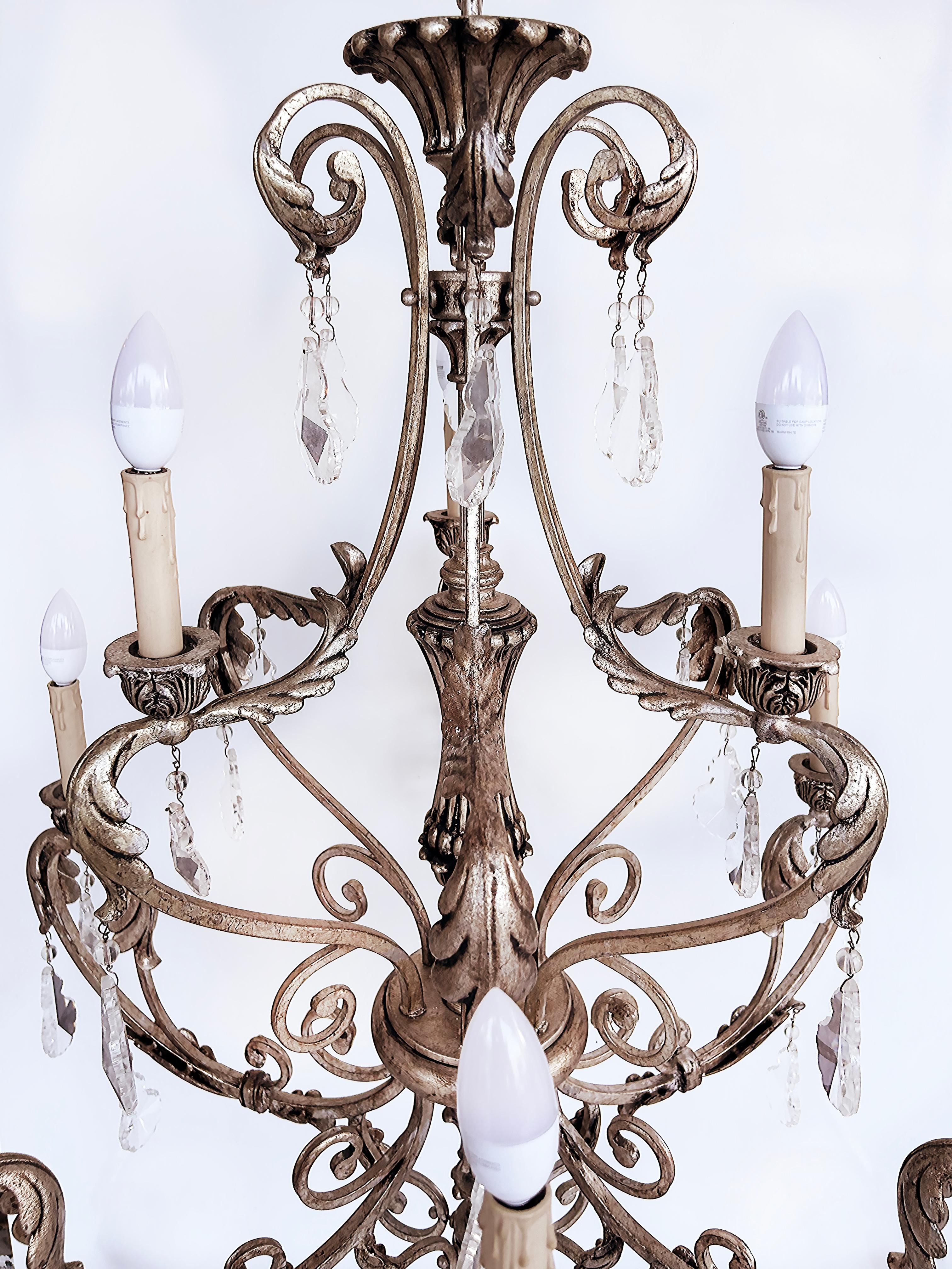 Silvered Wrought Iron Crystal 9 Arm Chandelier, Original Canopy For Sale 3