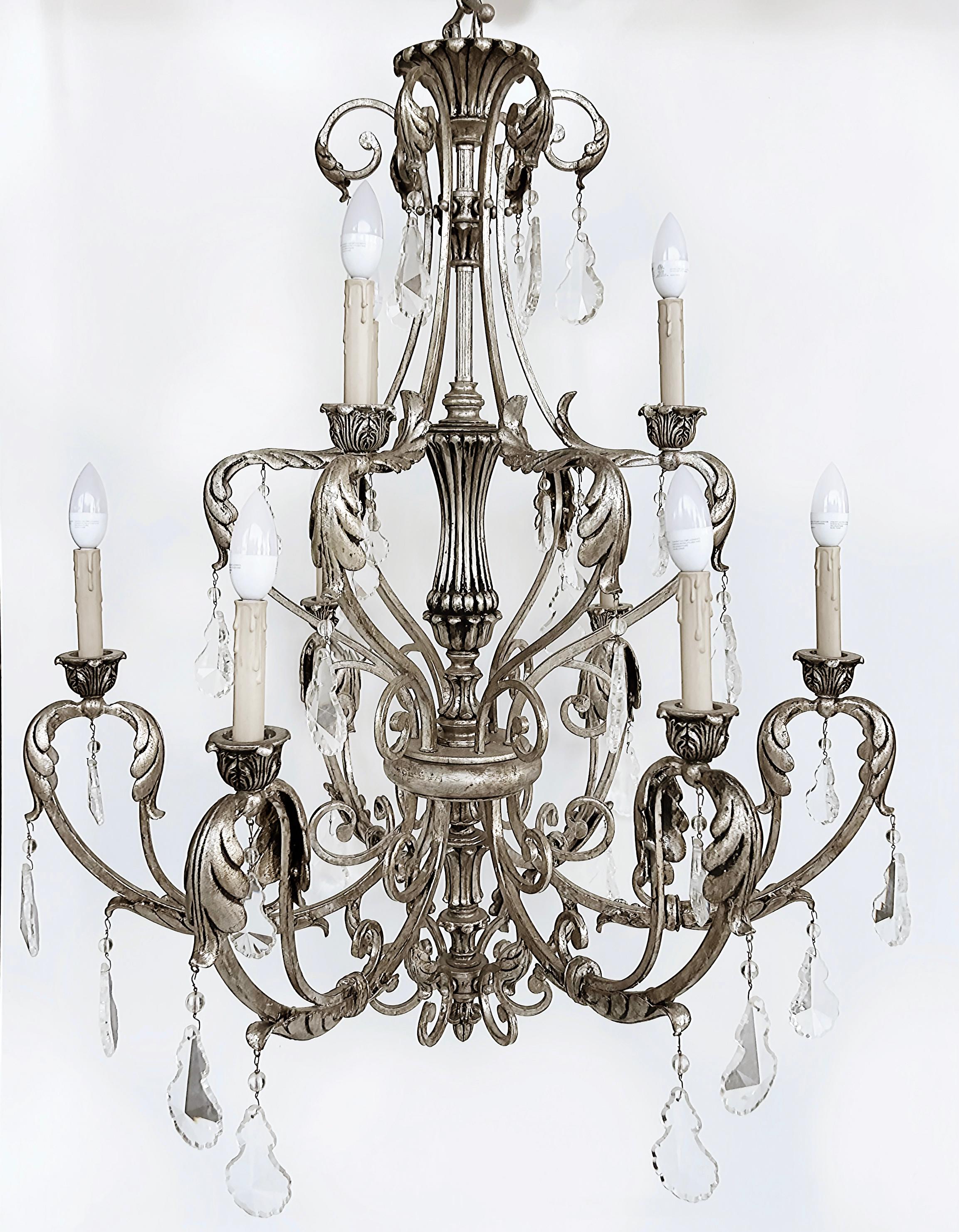 Rococo Silvered Wrought Iron Crystal 9 Arm Chandelier, Original Canopy For Sale