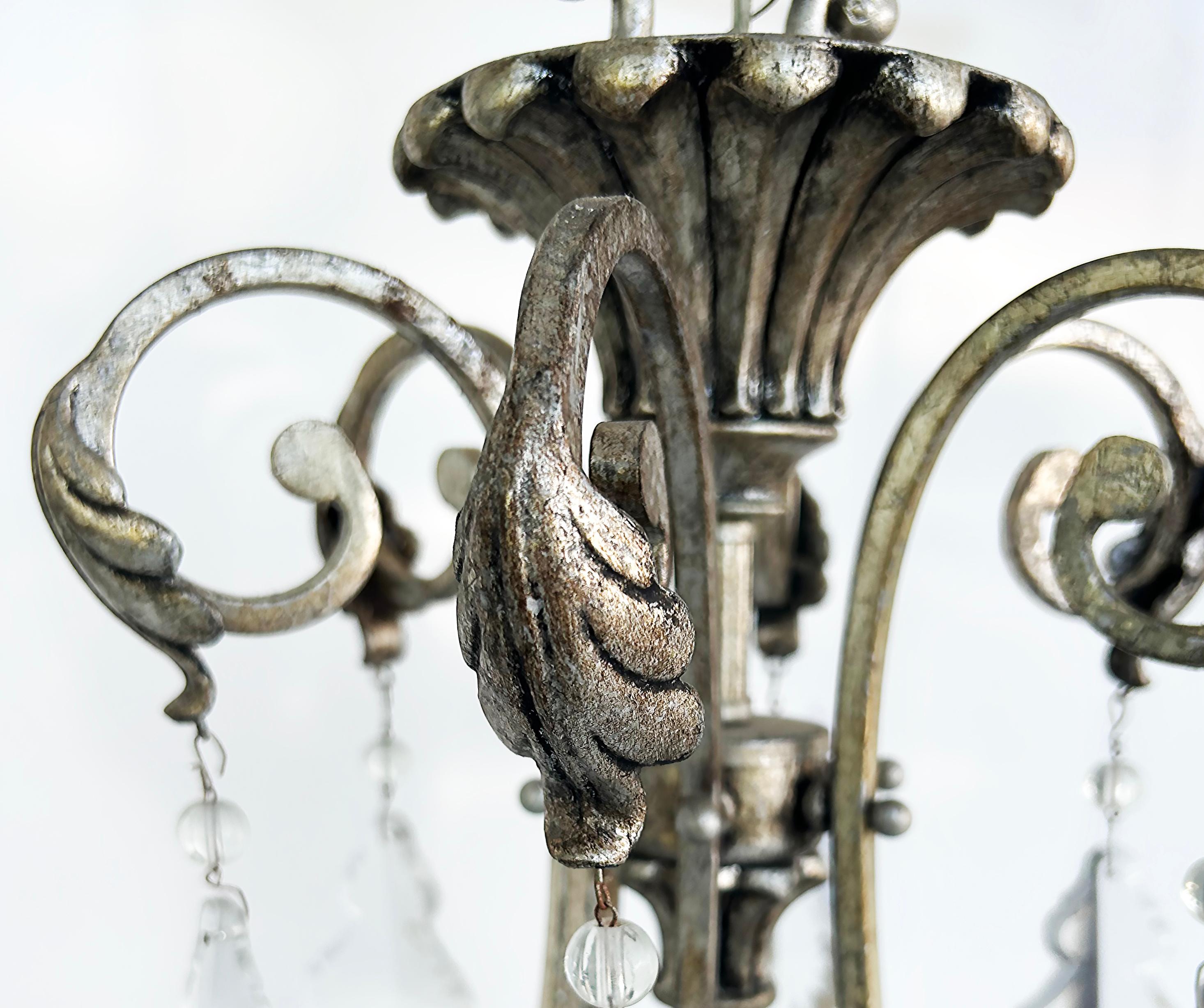 Silvered Wrought Iron Crystal 9 Arm Chandelier, Original Canopy In Good Condition For Sale In Miami, FL
