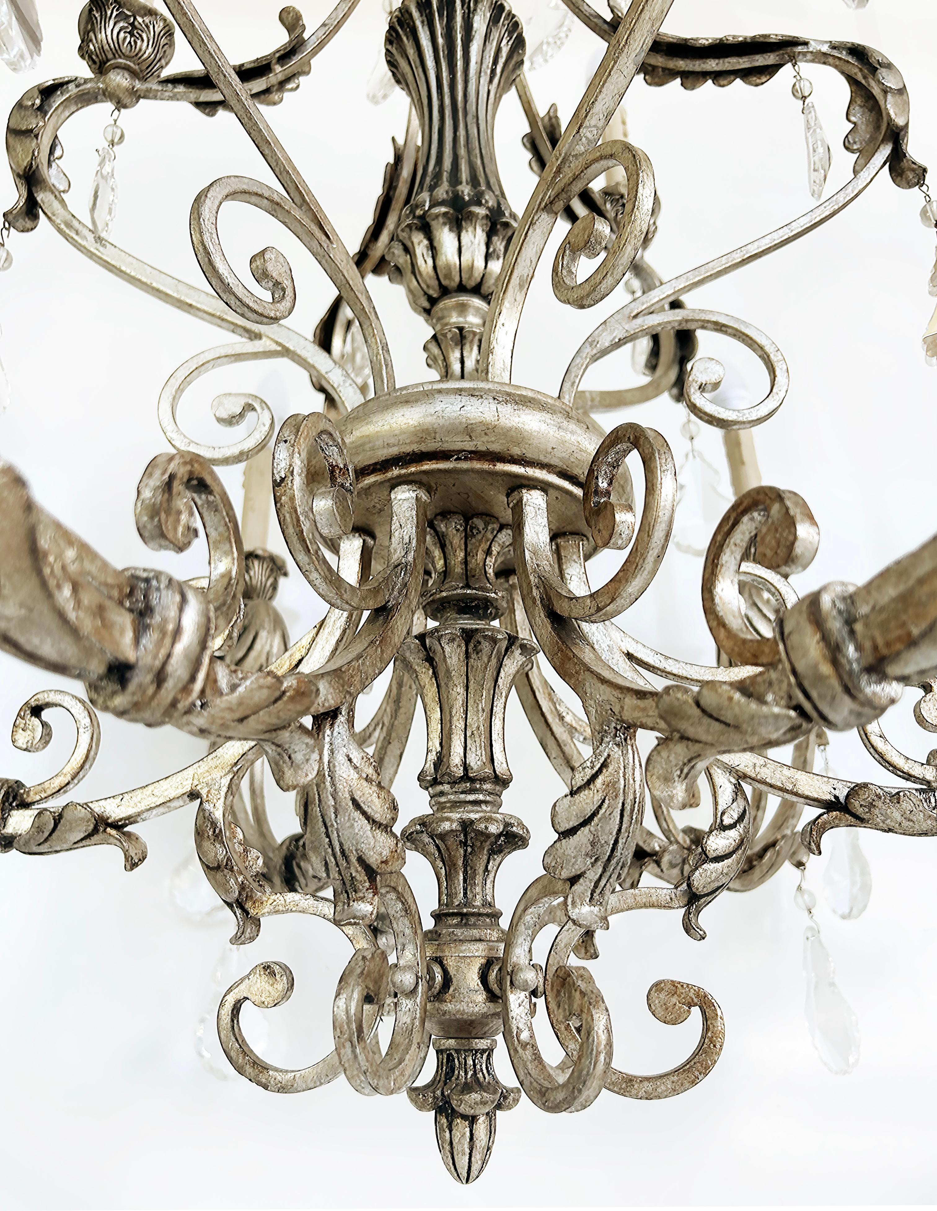Silvered Wrought Iron Crystal 9 Arm Chandelier, Original Canopy For Sale 2