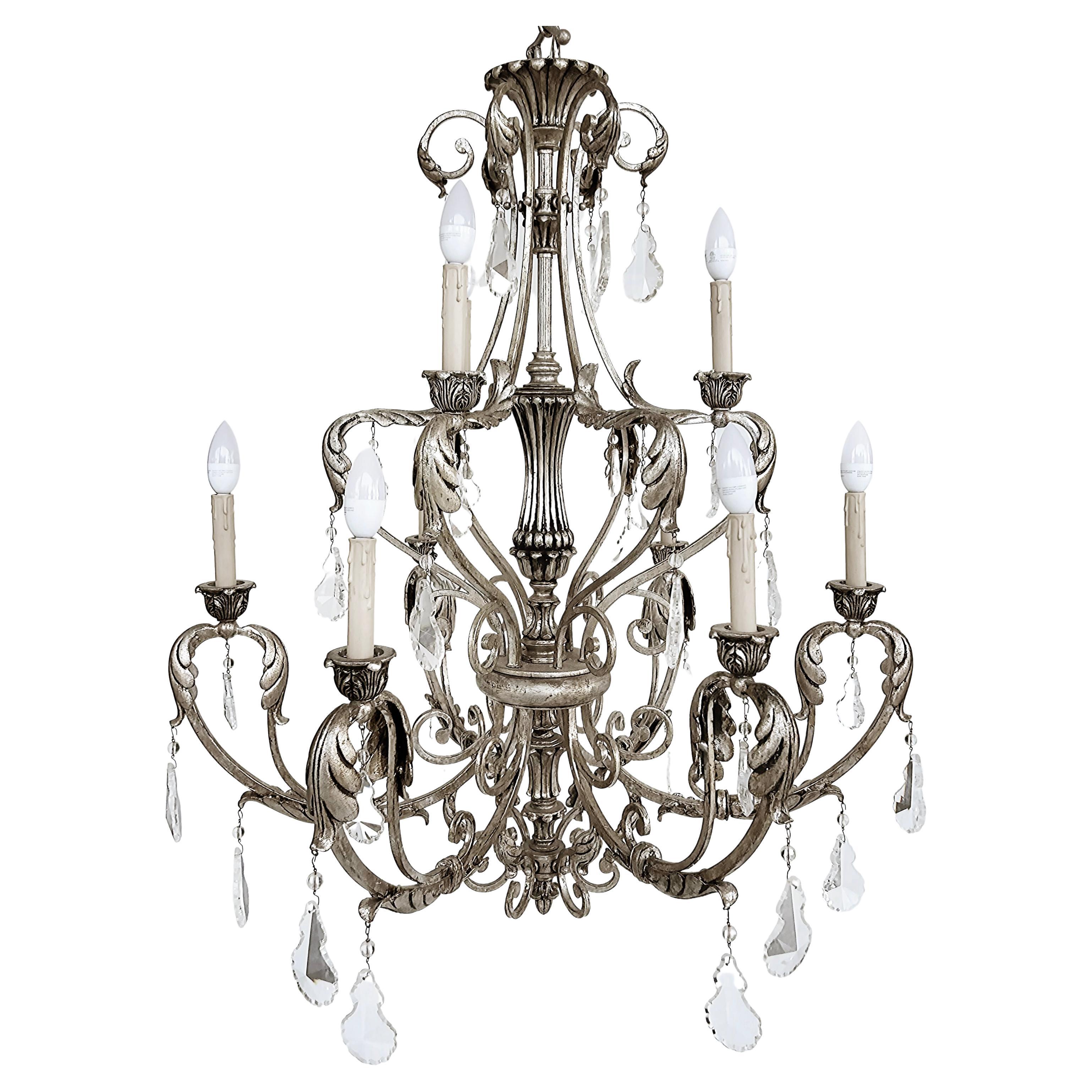 Silvered Wrought Iron Crystal 9 Arm Chandelier, Original Canopy For Sale