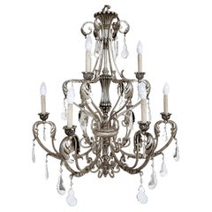 Silvered Wrought Iron Crystal 9 Arm Chandelier, Original Canopy