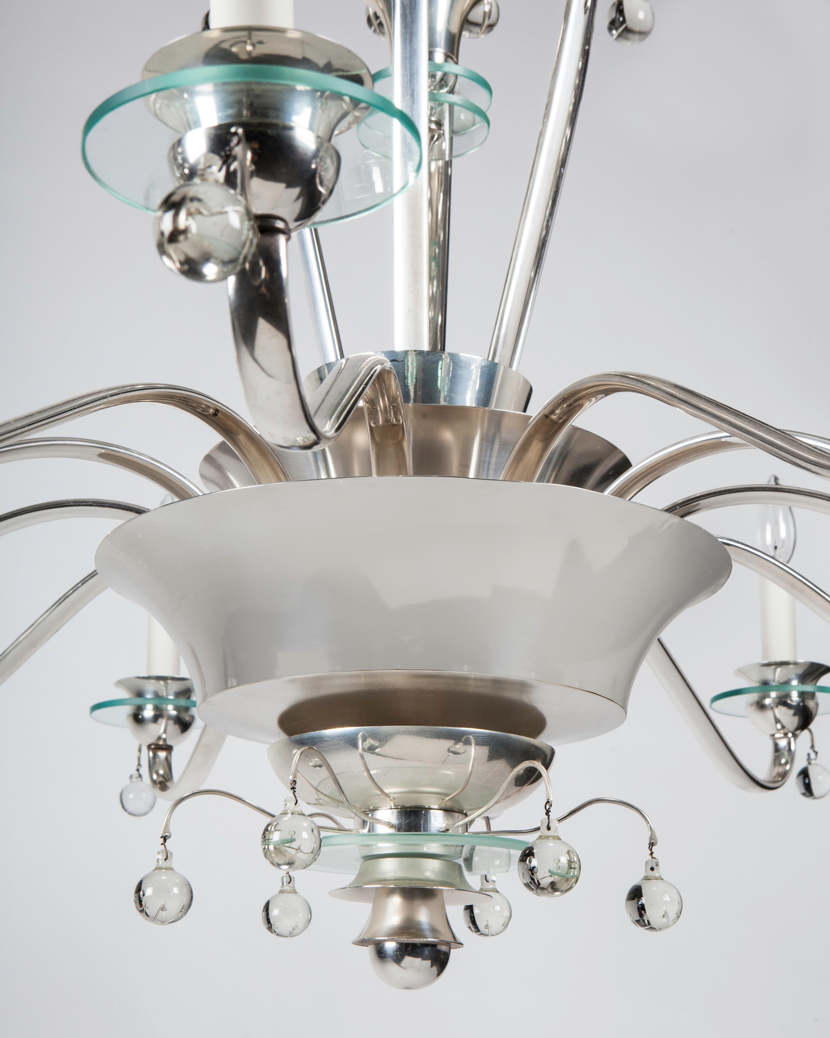 Silver Plate and Glass Art Deco Chandelier with Crystal Ball Drops, circa 1930s In Good Condition For Sale In New York, NY