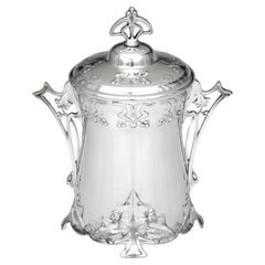 Versilberte Jugendstil-Keksdose mit Deckel und Glaseinsatz von WMF