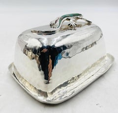 Silverplate Butter Dish With Lizard & Turquoise Inlay by Emilia Castillo, Mexico