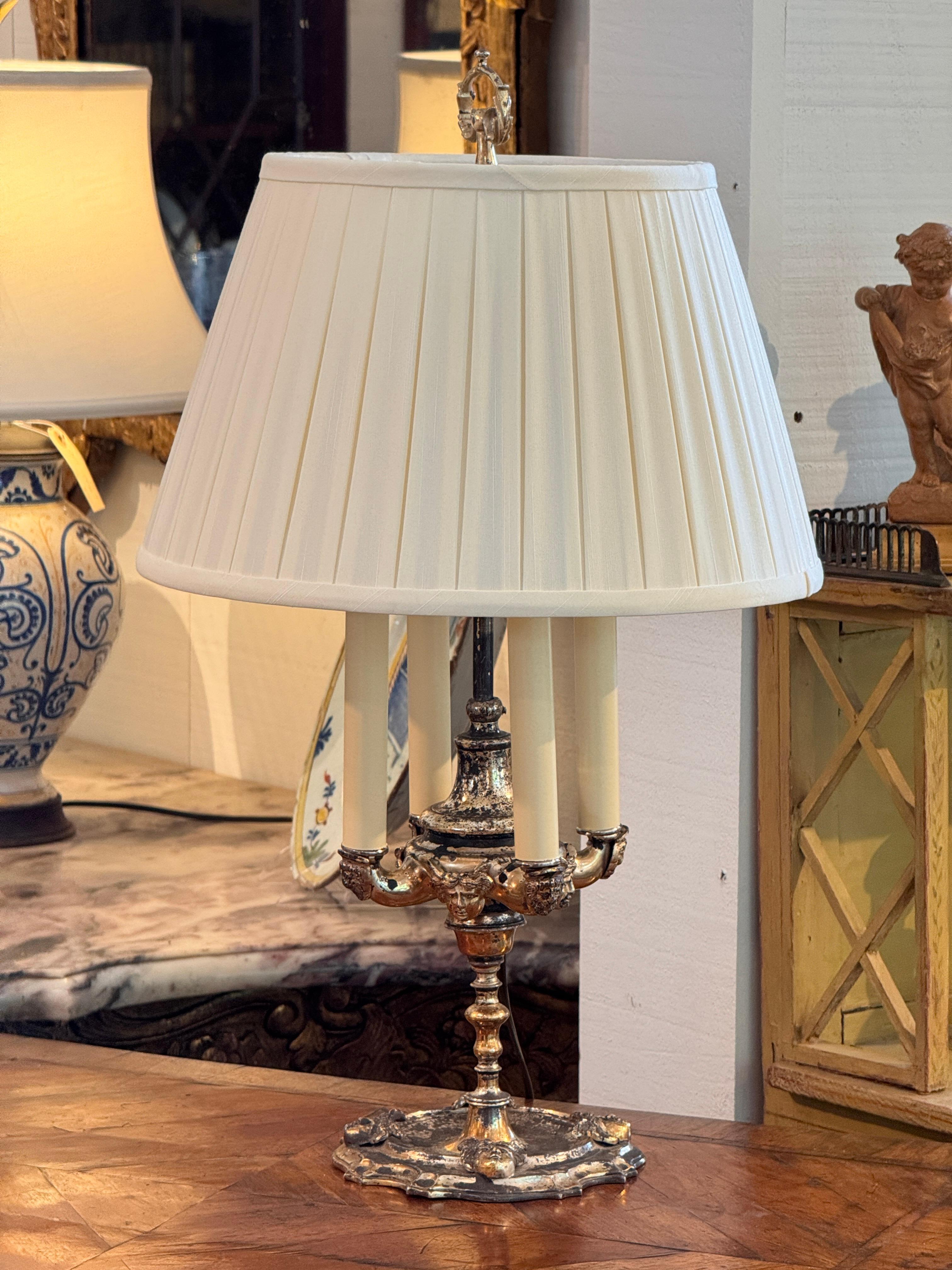 French Silverplate Candelabra Lamp With Pleated Shade For Sale