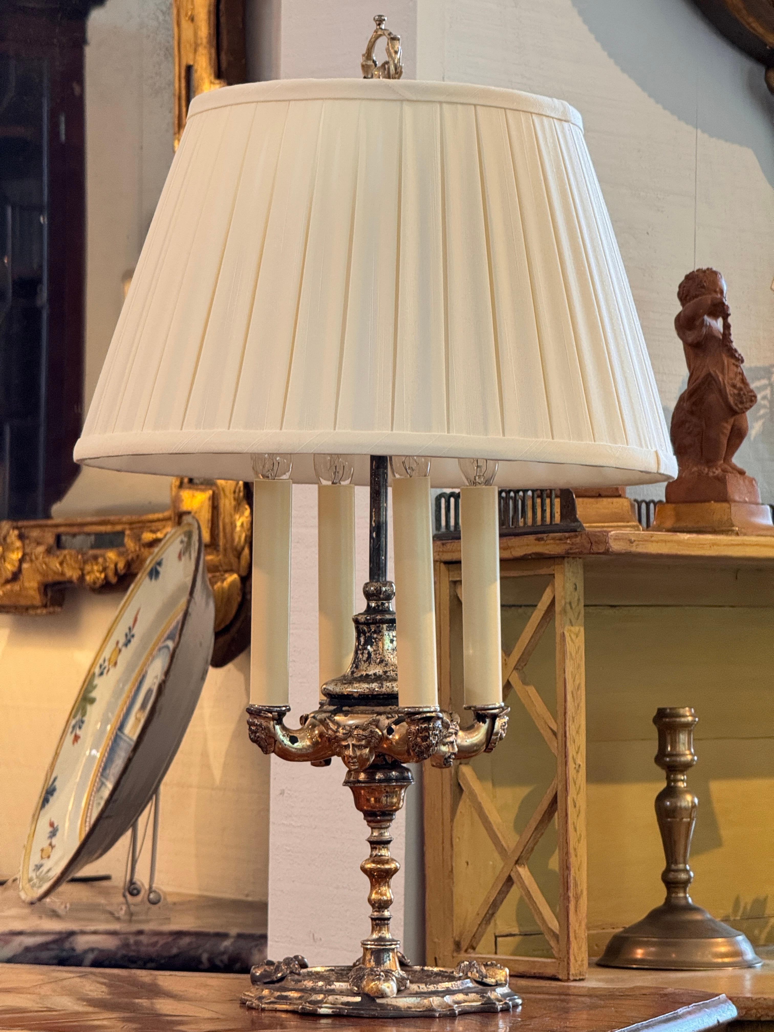 Silverplate Candelabra Lamp With Pleated Shade In Good Condition For Sale In Charlottesville, VA