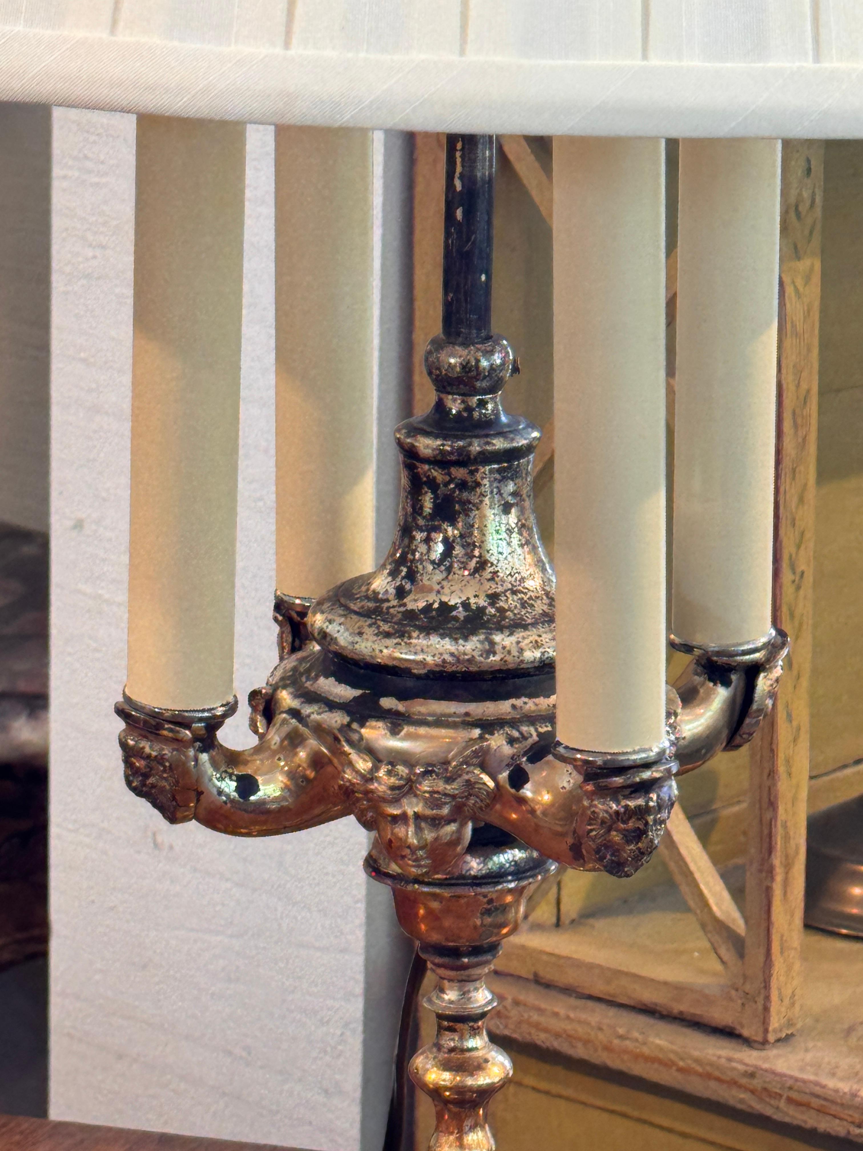 Silverplate Candelabra Lamp With Pleated Shade For Sale 1