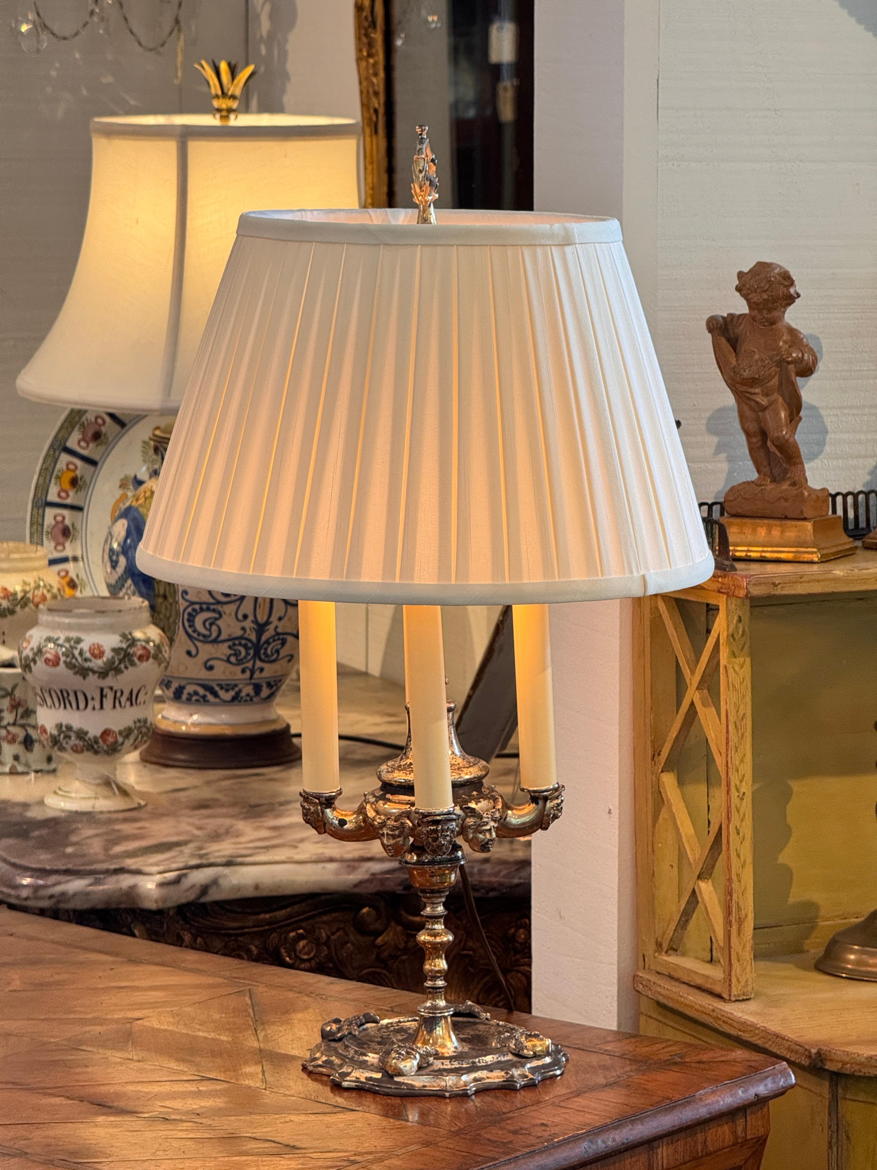Silverplate Candelabra Lamp With Pleated Shade For Sale 3