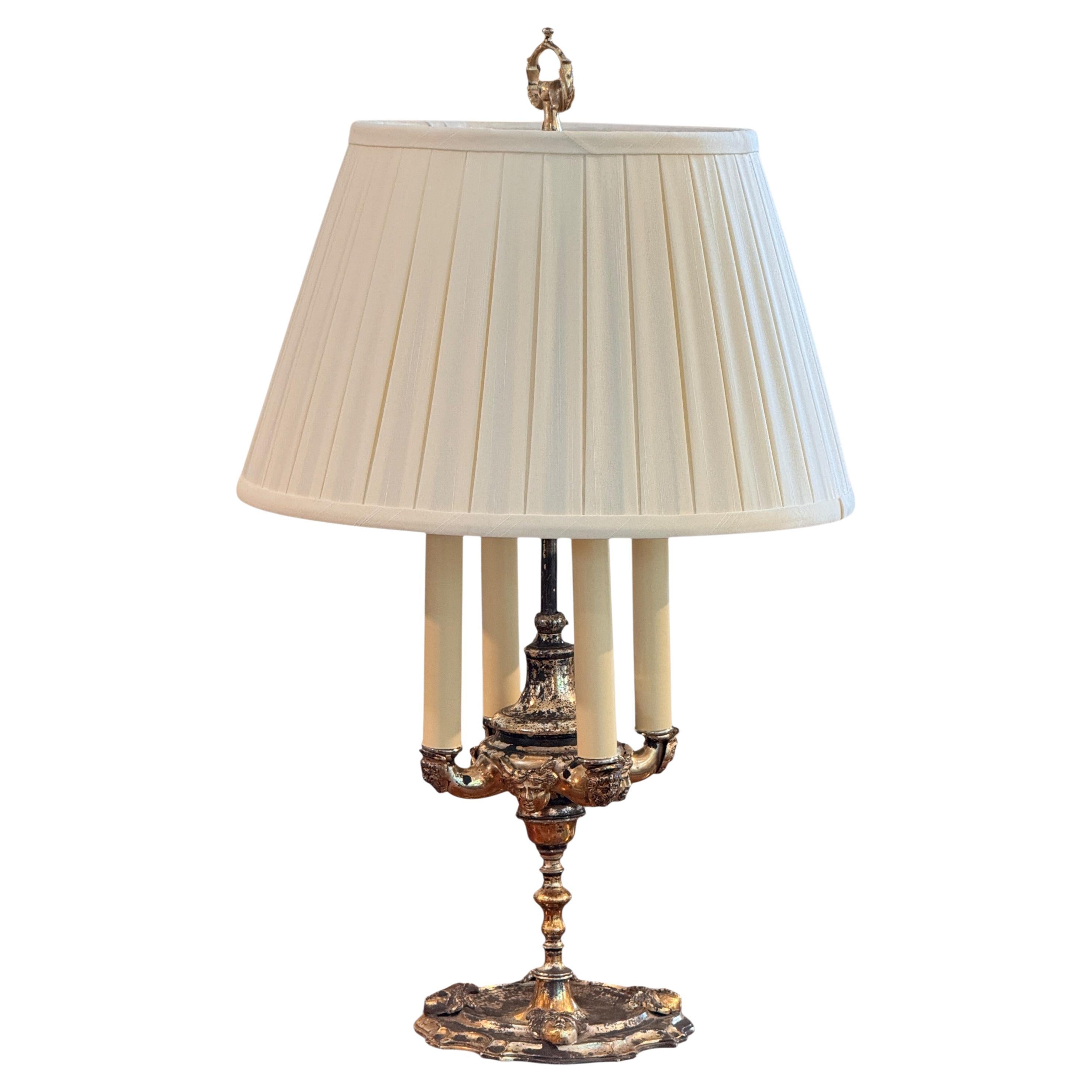 Silverplate Candelabra Lamp With Pleated Shade For Sale
