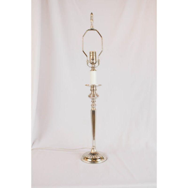 Custom Lamps made from Silverplate candlesticks from the early 21rst Century. New wiring and dimmer socket. Includes harp. Available in multiples, price is per pair of lamps
 US 120V plug in wiring. 
Dimensions: 
Height: 21