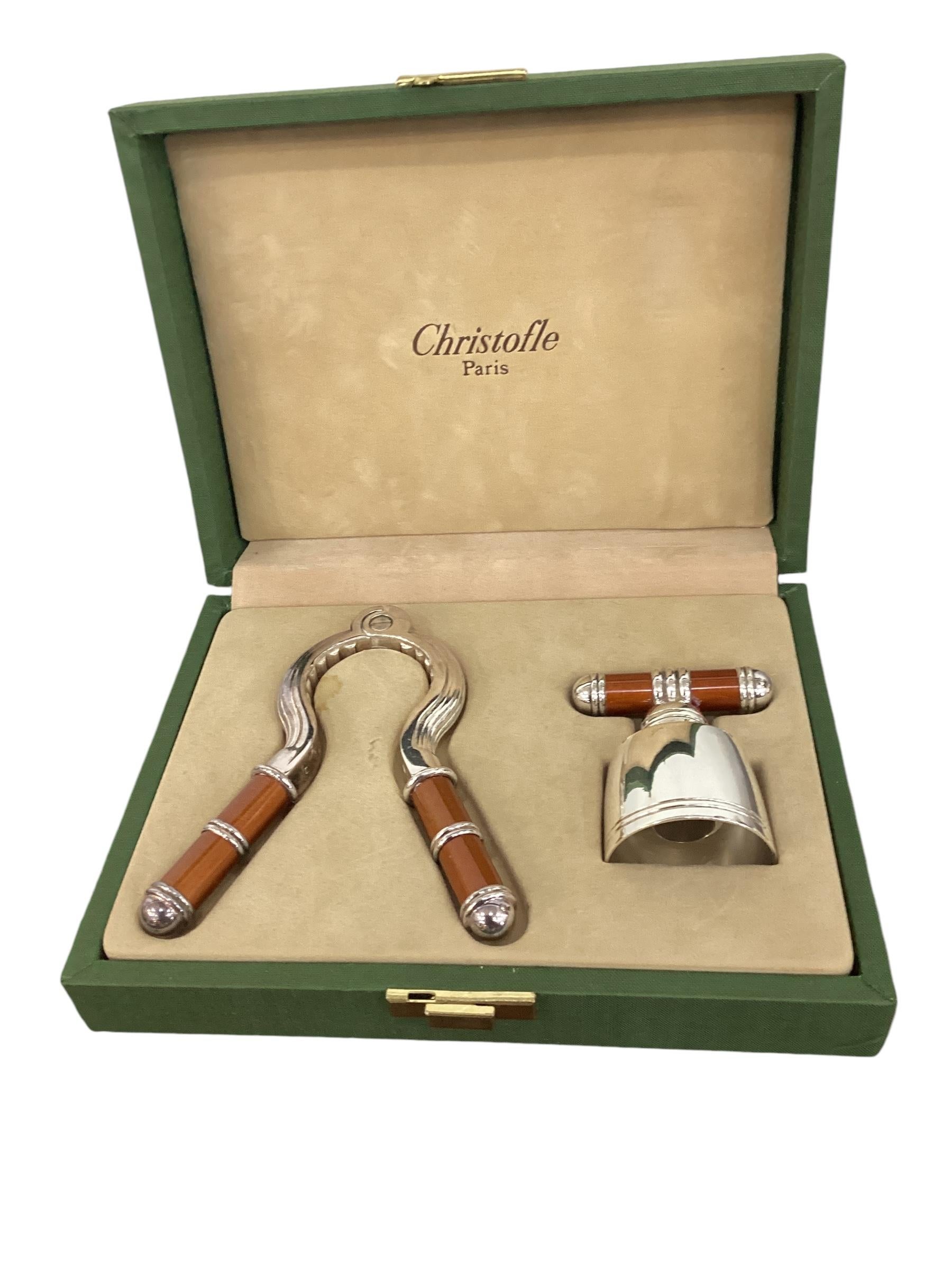Silverplate Christofle Talisman Brown Sienna Champagne Bottle Opener and Stopper In Good Condition In Chapel Hill, NC