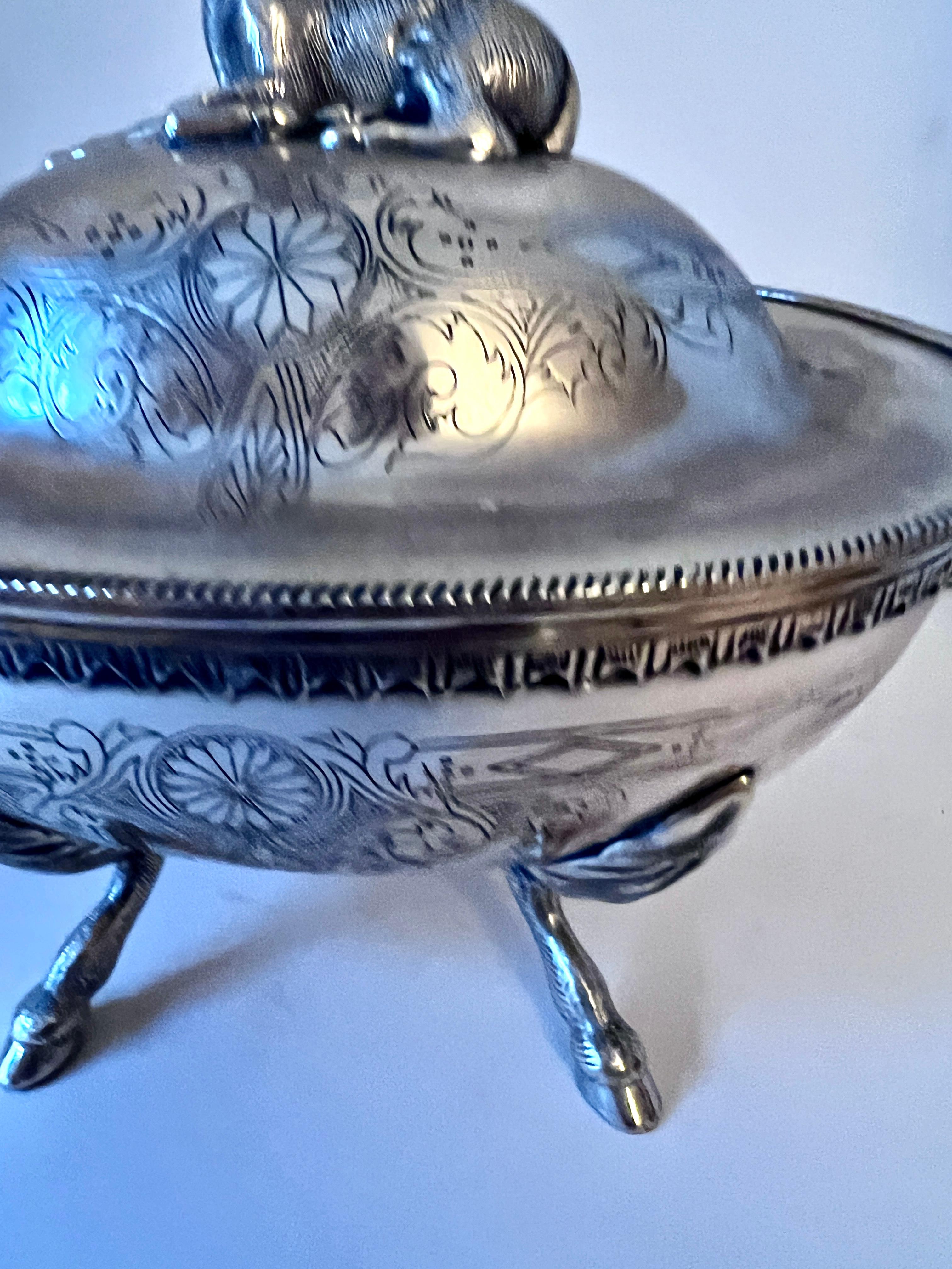 Silverplate Footed Covered Bowl with Stag Lid and Side Handles and Hoof Feet For Sale 3