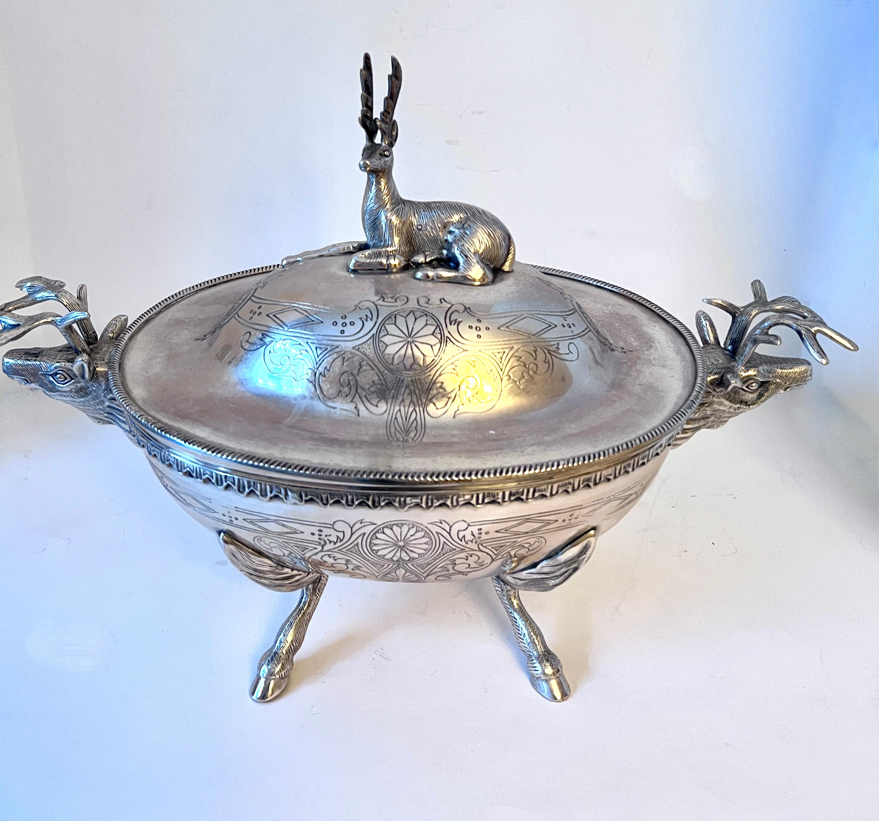 Silverplate Footed Covered Bowl with Stag Lid and Side Handles and Hoof Feet For Sale 4