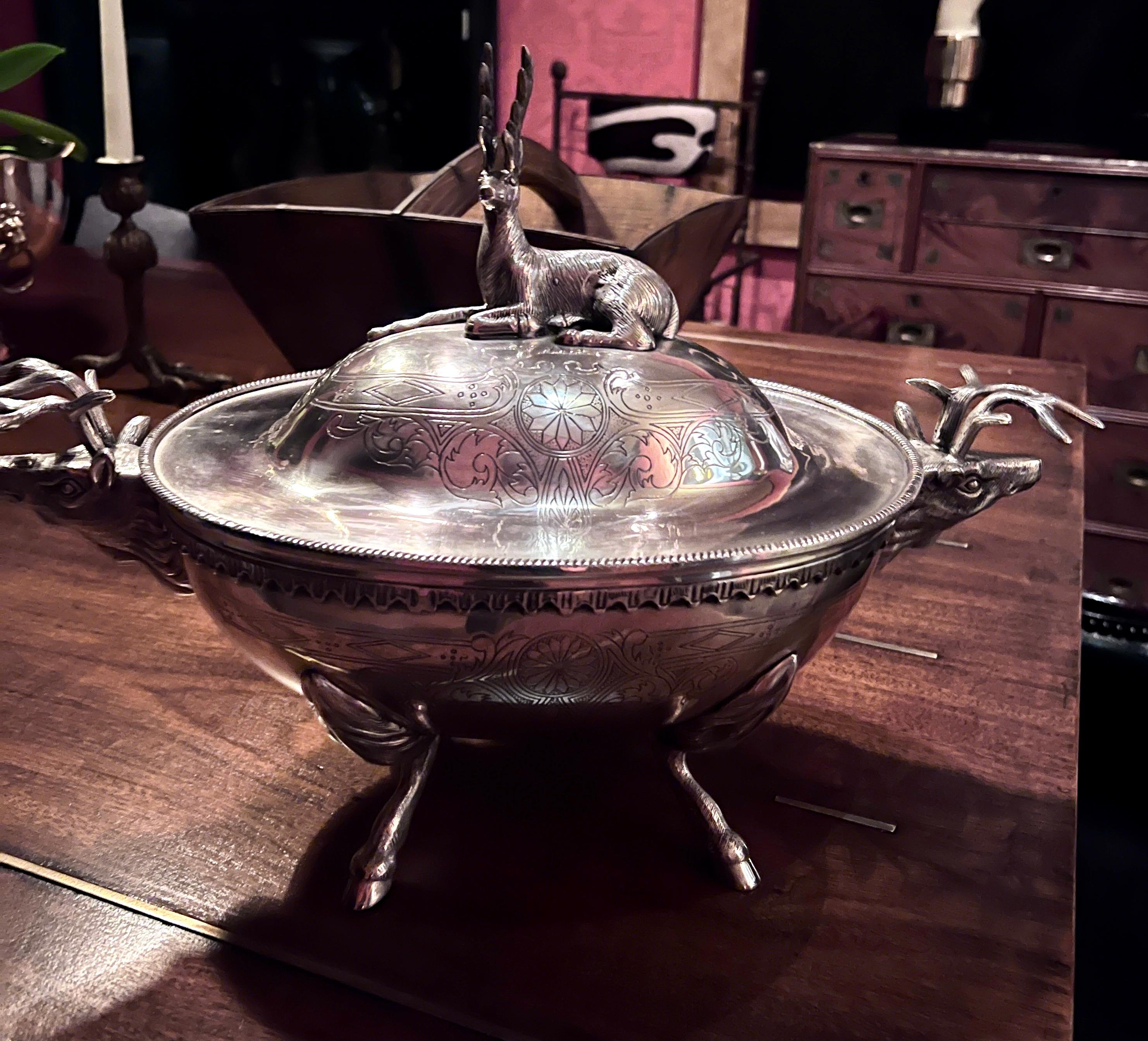 Silverplate Footed Covered Bowl with Stag Lid and Side Handles and Hoof Feet For Sale 5