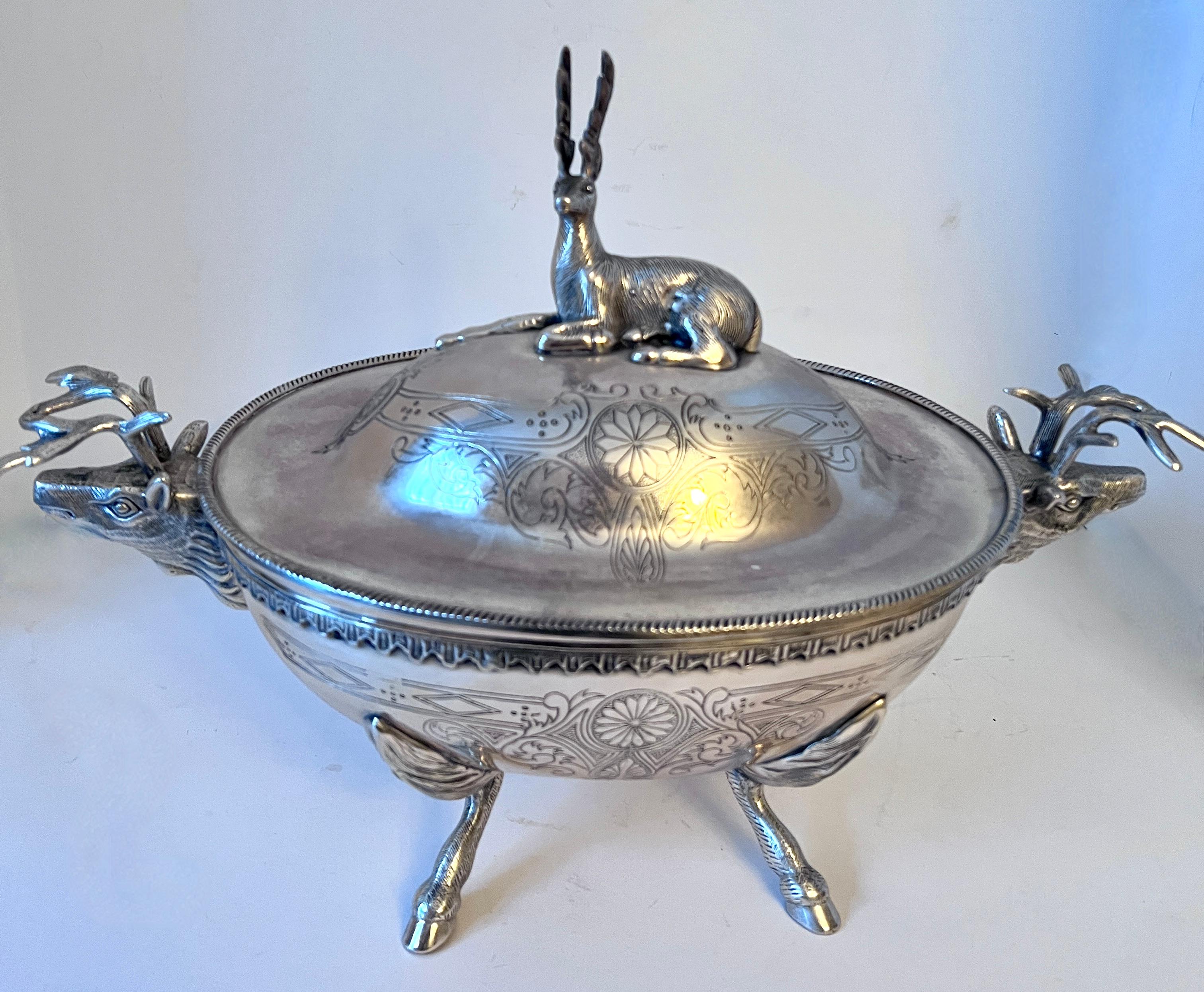 Asian Silverplate Footed Covered Bowl with Stag Lid and Side Handles and Hoof Feet For Sale
