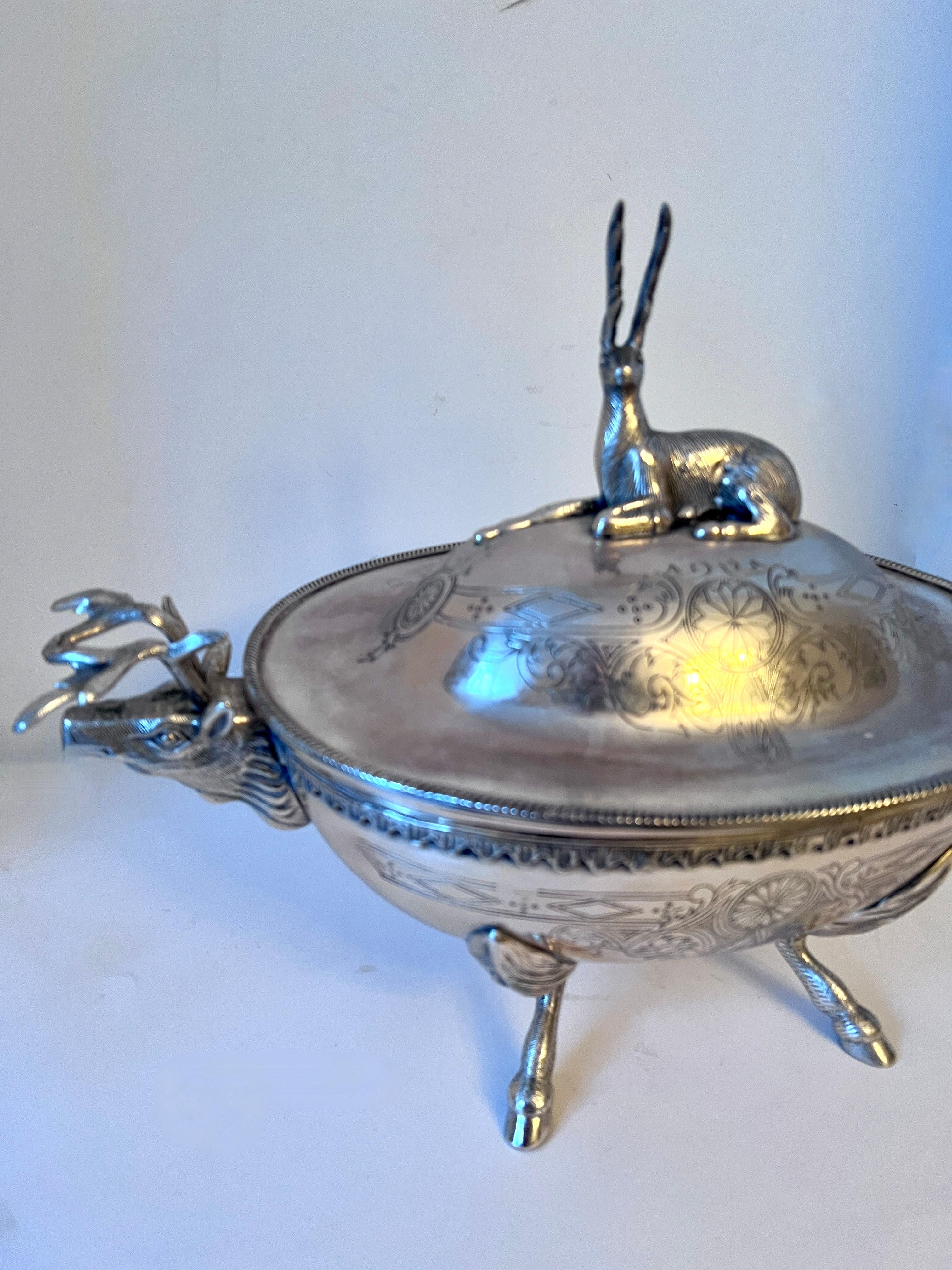 Patinated Silverplate Footed Covered Bowl with Stag Lid and Side Handles and Hoof Feet For Sale