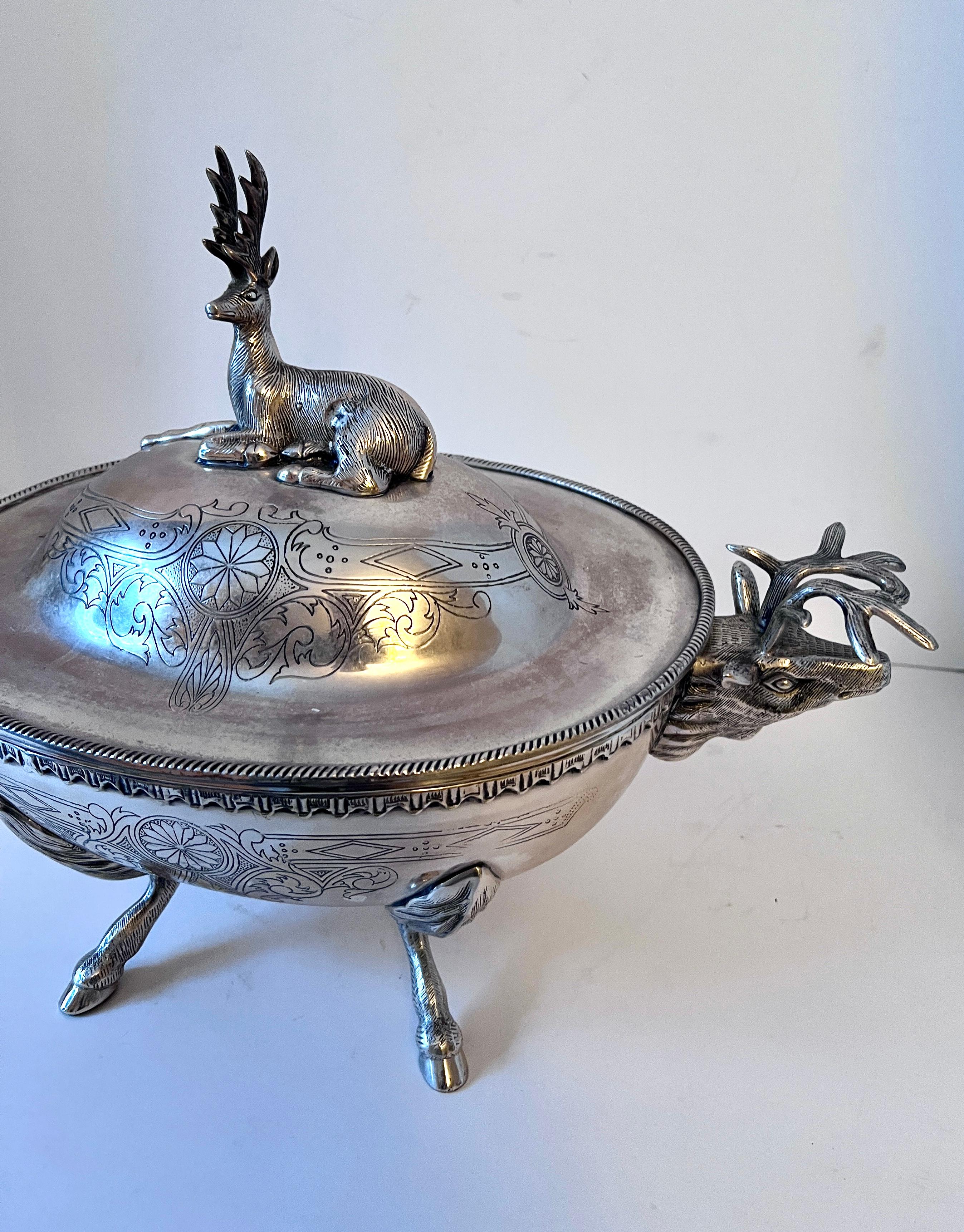 Silverplate Footed Covered Bowl with Stag Lid and Side Handles and Hoof Feet In Good Condition For Sale In Los Angeles, CA