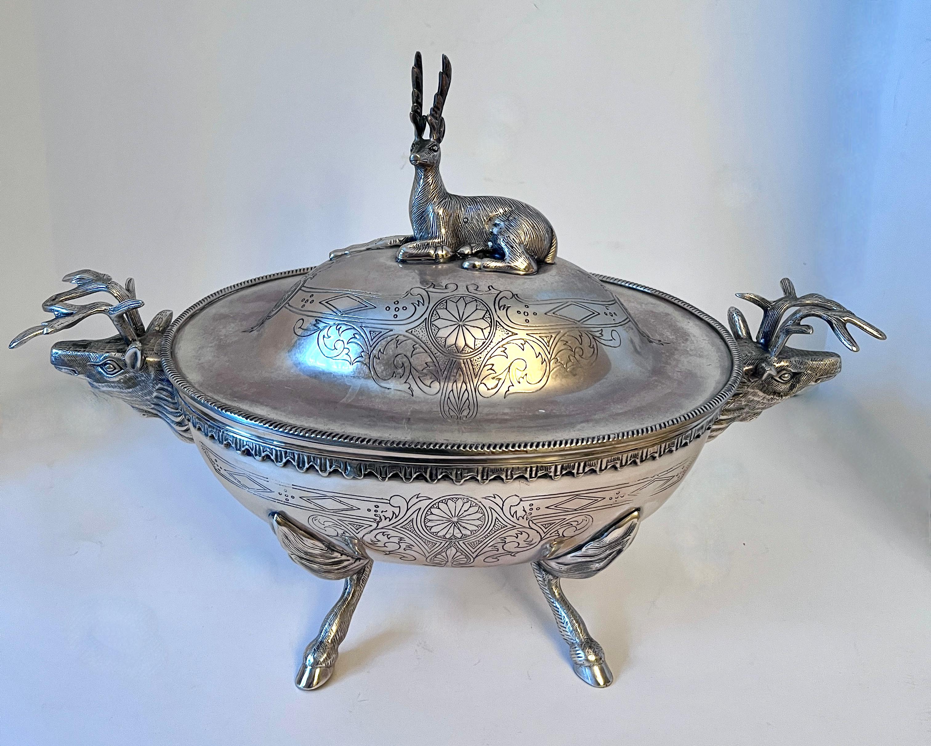 20th Century Silverplate Footed Covered Bowl with Stag Lid and Side Handles and Hoof Feet For Sale