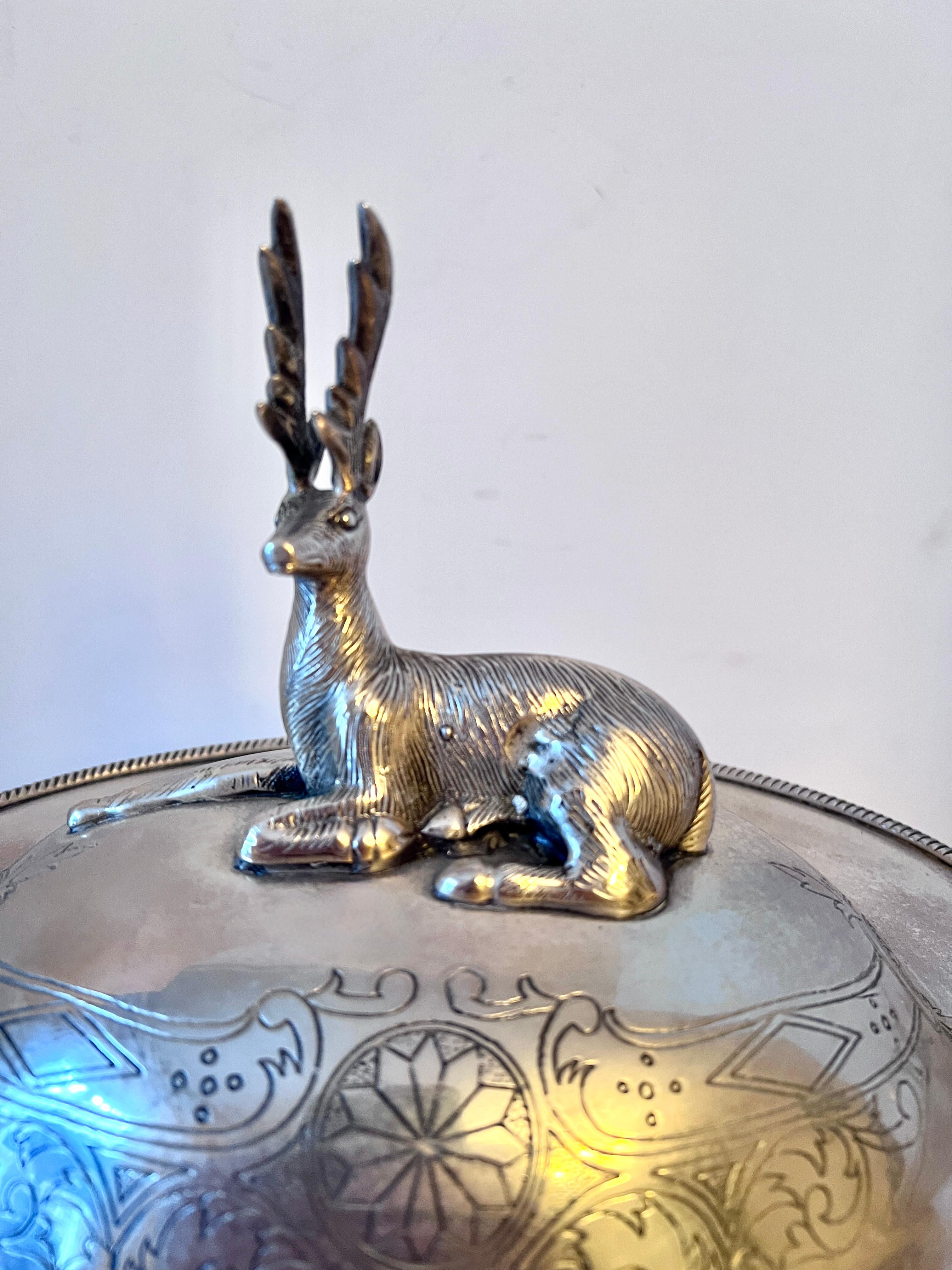 Silver Plate Silverplate Footed Covered Bowl with Stag Lid and Side Handles and Hoof Feet For Sale