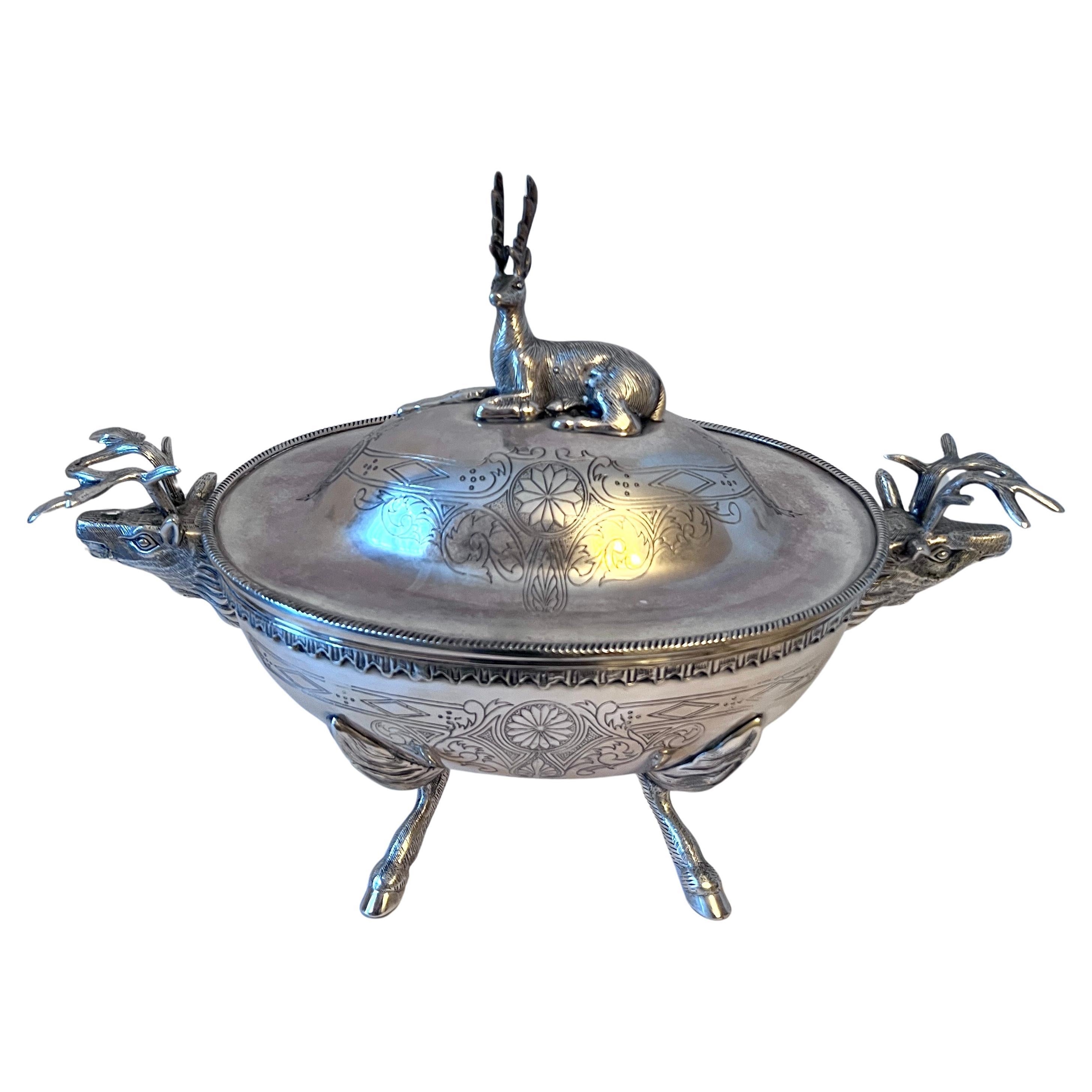 Silverplate Footed Covered Bowl with Stag Lid and Side Handles and Hoof Feet For Sale