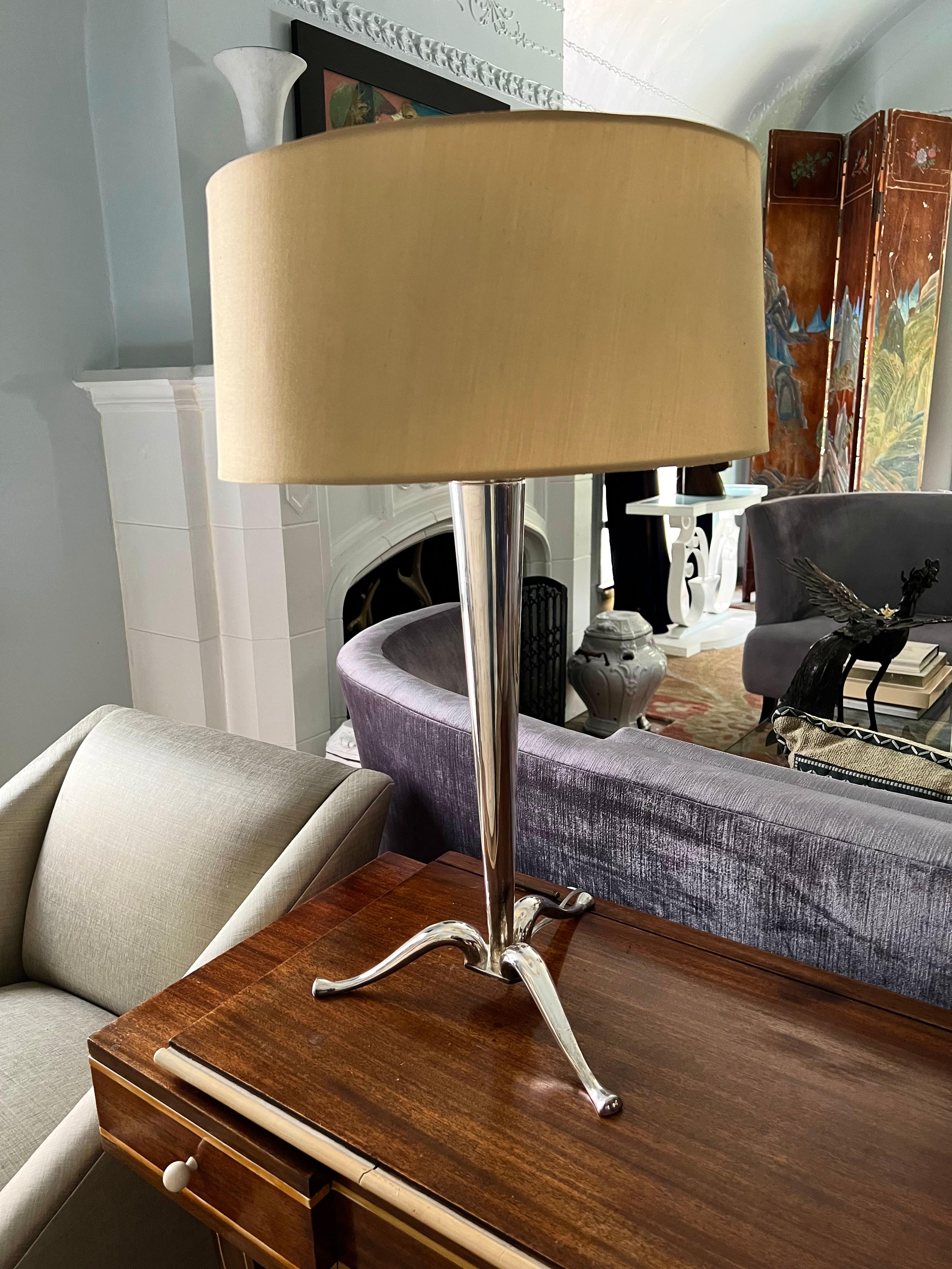 Silver plate Table lamp base - this shade is not included, but we can fabricate a shade for an additional fee. A stunning and impressive lamp for any area of the home - bedroom, guest room, living space, etc.

Tripod base is 12