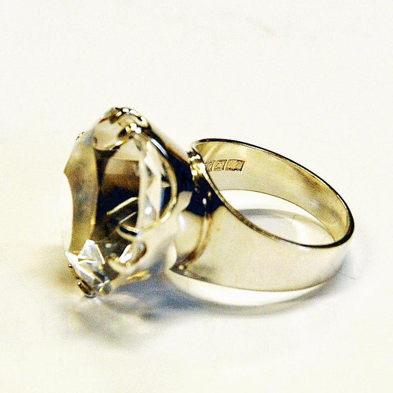 Late 20th Century Vintage Silverring with Cut Rock Crystal Stone by Salovaara, 1973, Finland For Sale