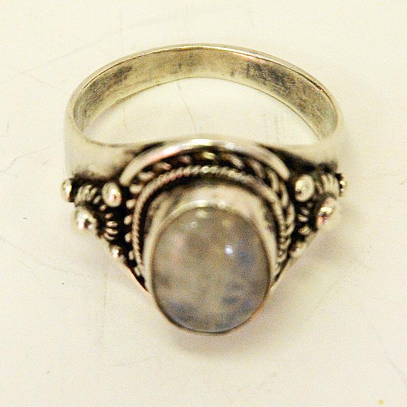 Mid-20th Century Silverring with Pearlcolored Stone and vintage Decorations, 1940s