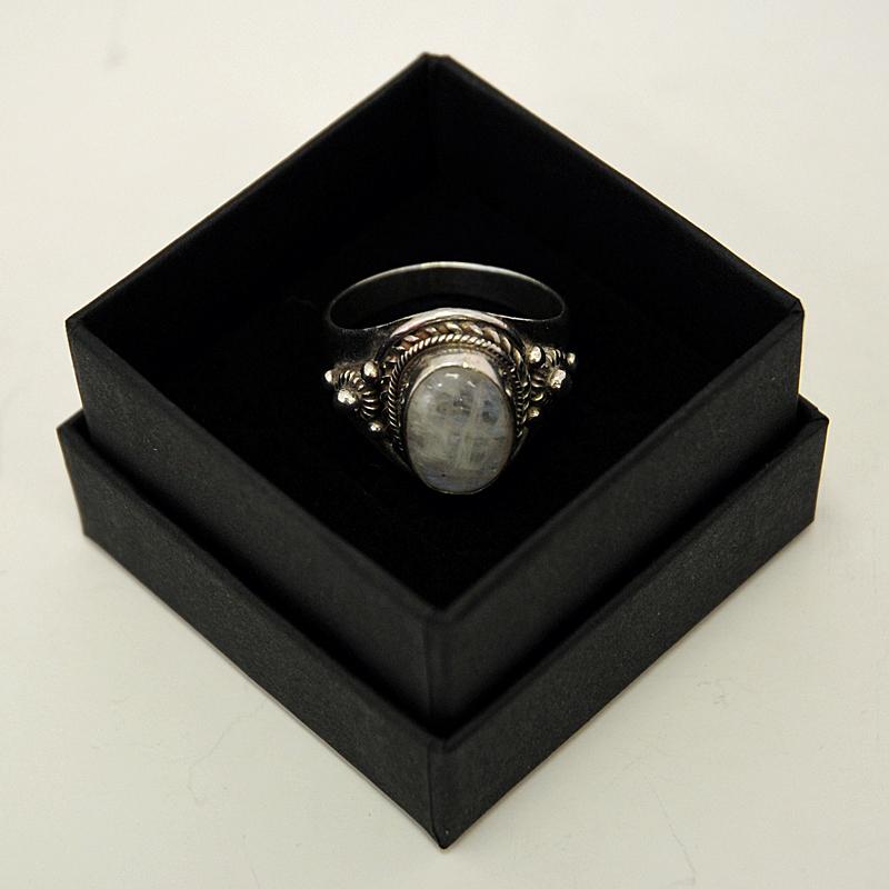 Silverring with Pearlcolored Stone and vintage Decorations, 1940s 1