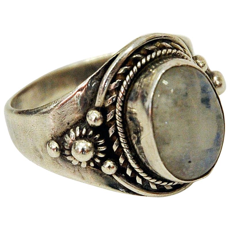 Silverring with Pearlcolored Stone and vintage Decorations, 1940s