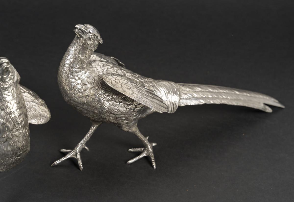 French Silversmith ESCHWEGE – Pair of Solid Silver Pheasants, 20th Century