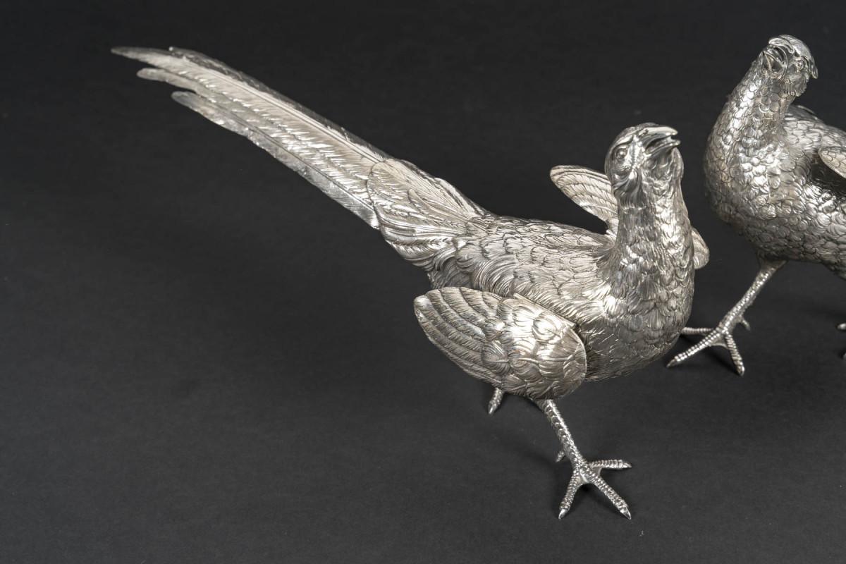 Silversmith ESCHWEGE – Pair of Solid Silver Pheasants, 20th Century In Excellent Condition In SAINT-OUEN-SUR-SEINE, FR