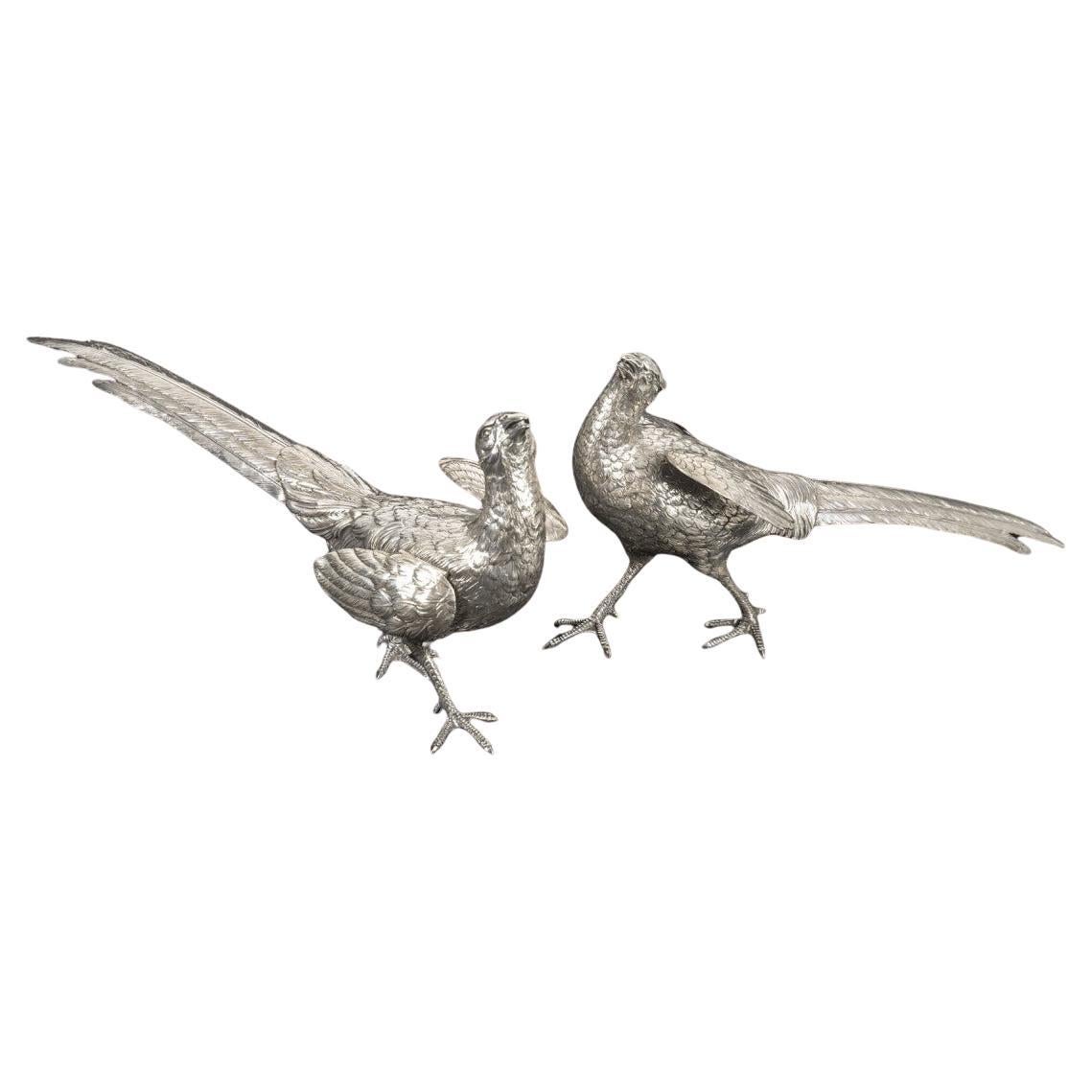 Silversmith ESCHWEGE – Pair of Solid Silver Pheasants, 20th Century