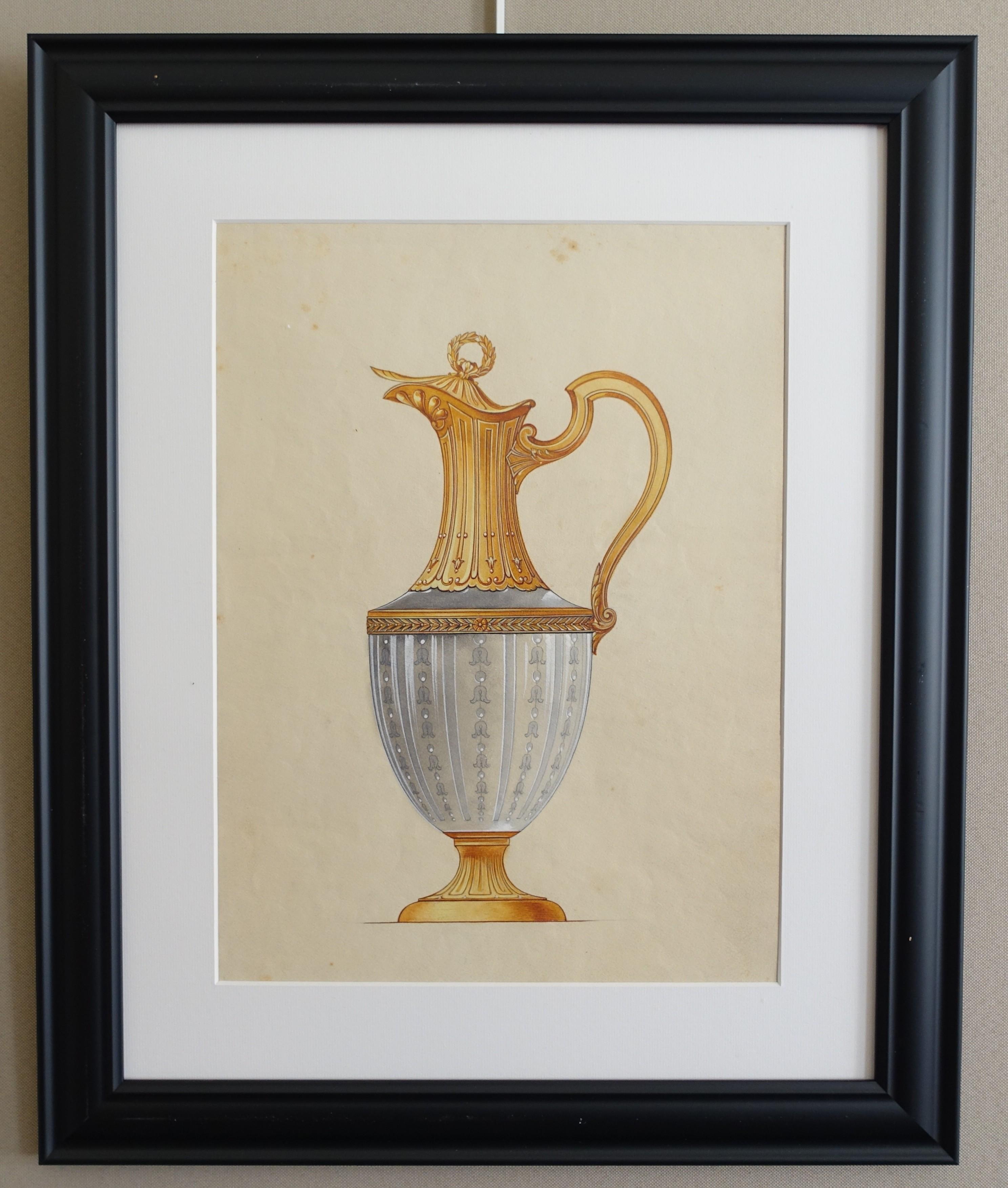 Eine Zeichnung von Feinsilberwaren mit Gouache, die eine Kristall- und Vermeil-Kanne/Flasche zeigt. Das abgebildete Stück ist ein Tafelsilber-Projekt, das in den Katalogen des berühmten französischen Silberherstellers Boulenger um 1900 aufgeführt