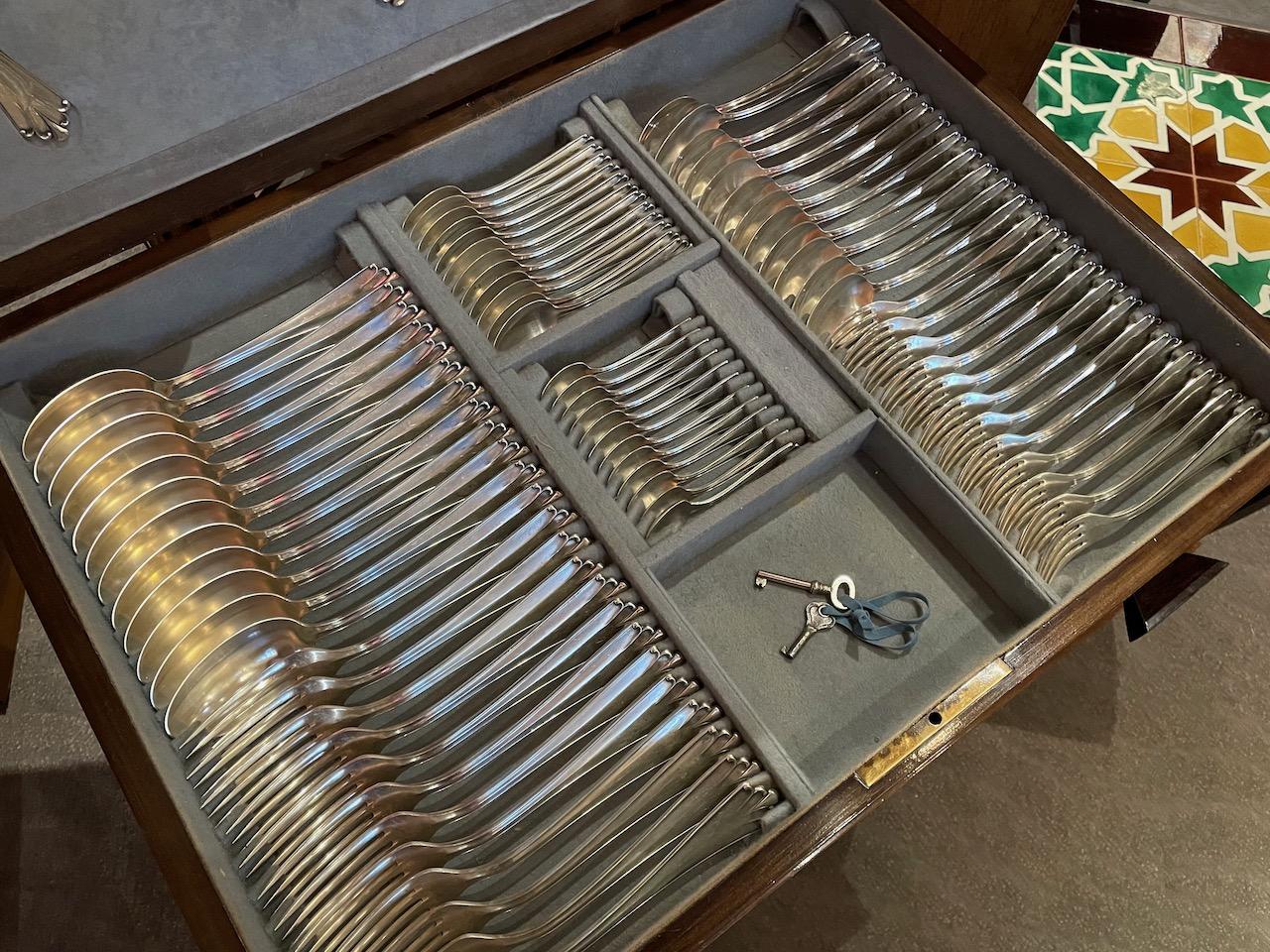 French Silverware Service for 12 in Fitted Art Deco Storage Cabinet, Bafico of France For Sale