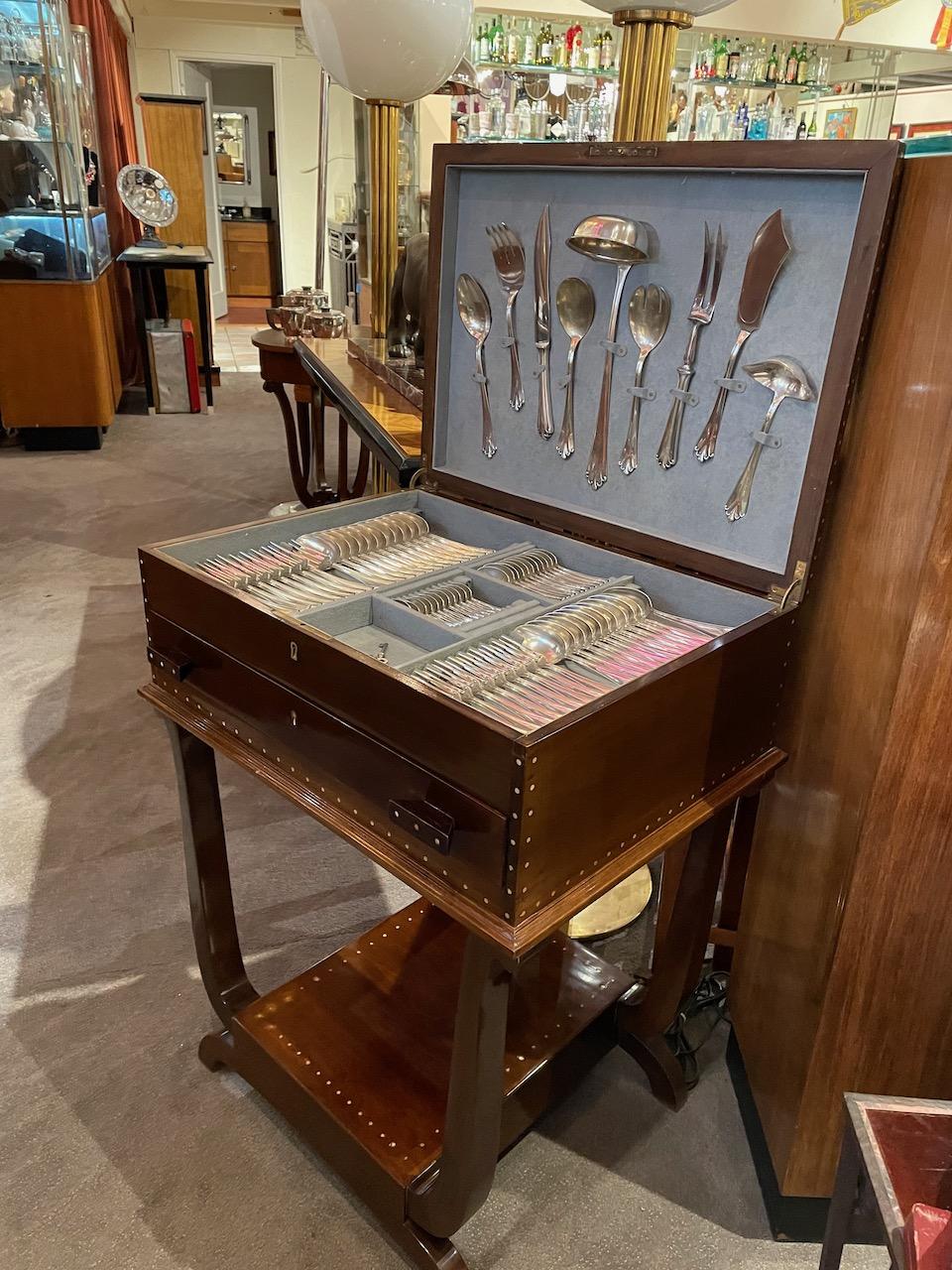 Silverware Service for 12 in Fitted Art Deco Storage Cabinet, Bafico of France For Sale 1