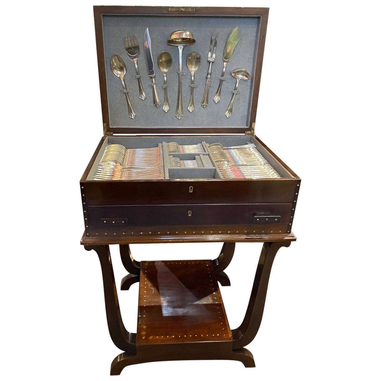 Silverware Service for 12 in Fitted Art Deco Storage Cabinet, Bafico of France For Sale