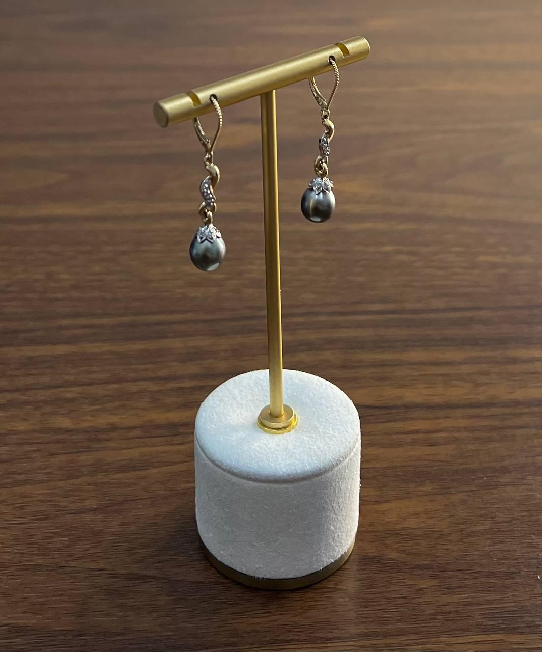 Silvery Grey Black Tahitian Pearl 14K Yellow Gold Diamond Drop Dangle Earrings For Sale 5