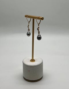 Silvery Grey Black Tahitian Pearl 14K Yellow Gold Diamond Drop Dangle Earrings