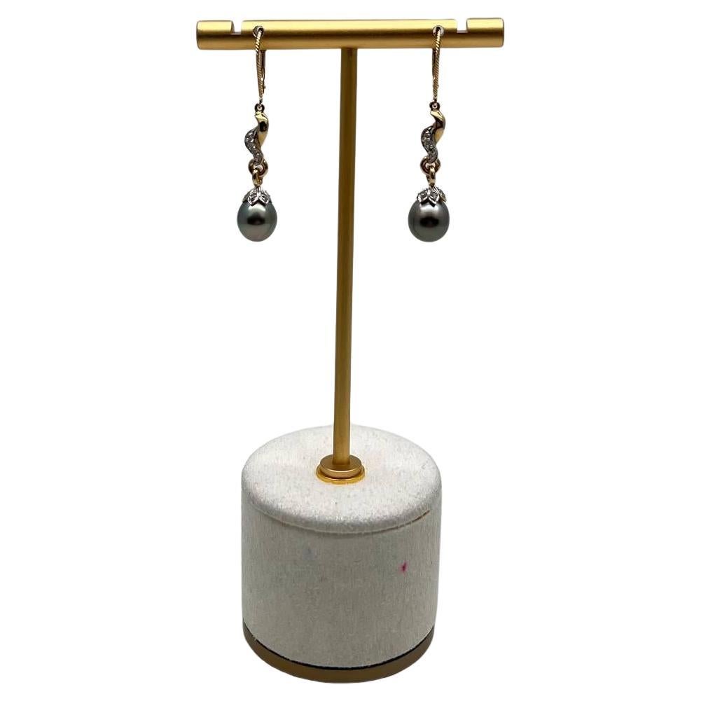 Silvery Grey Black Tahitian Pearl 14K Yellow Gold Diamond Drop Dangle Earrings