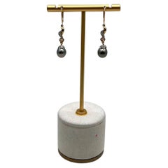 Silvery Grey Black Tahitian Pearl 14K Yellow Gold Diamond Drop Dangle Earrings