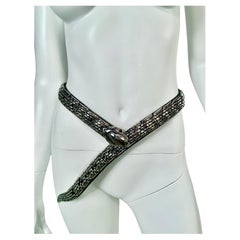 Vintage Silvery Snake on Curved Black Leather Belt Retailed by Saks Fifth Avenue