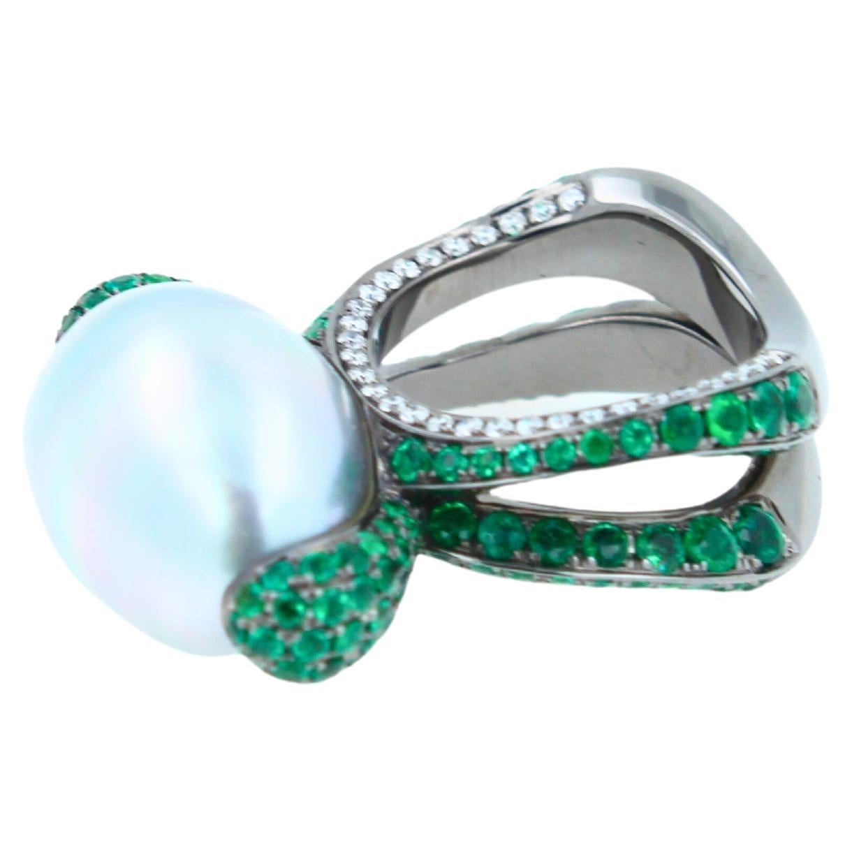 Silvery White Iridescent South Sea Pearl Emerald Diamond Sapphire 18k Gold Ring For Sale 2