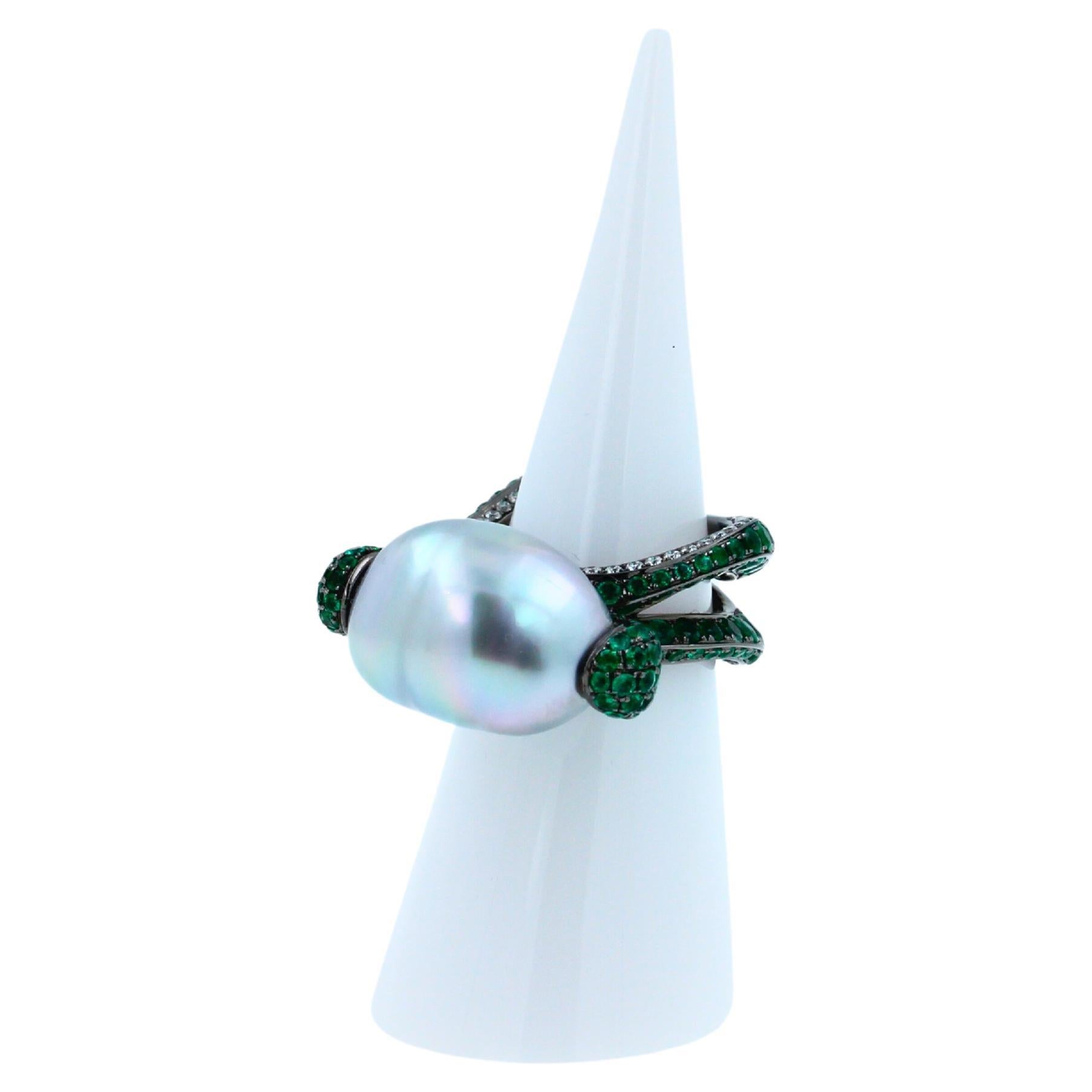 Silvery White Iridescent South Sea Pearl Emerald Diamond Sapphire 18k Gold Ring For Sale 3
