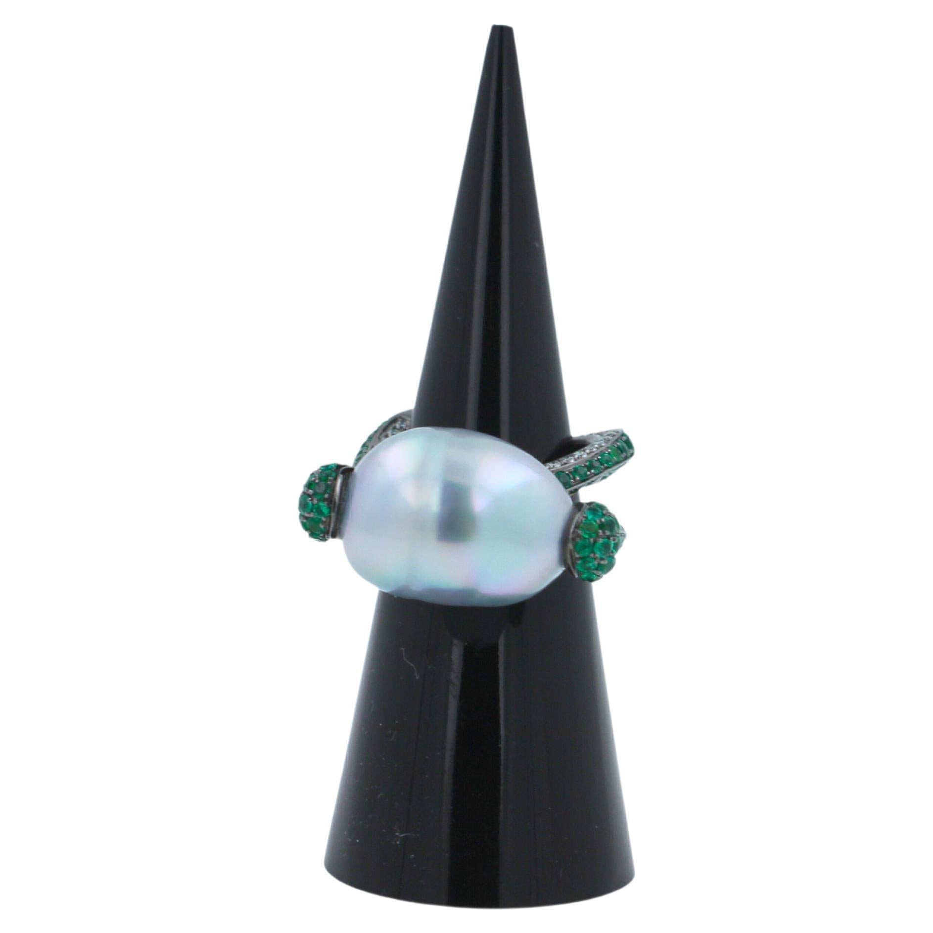 Silvery White Iridescent South Sea Pearl Emerald Diamond Sapphire 18k Gold Ring For Sale 4