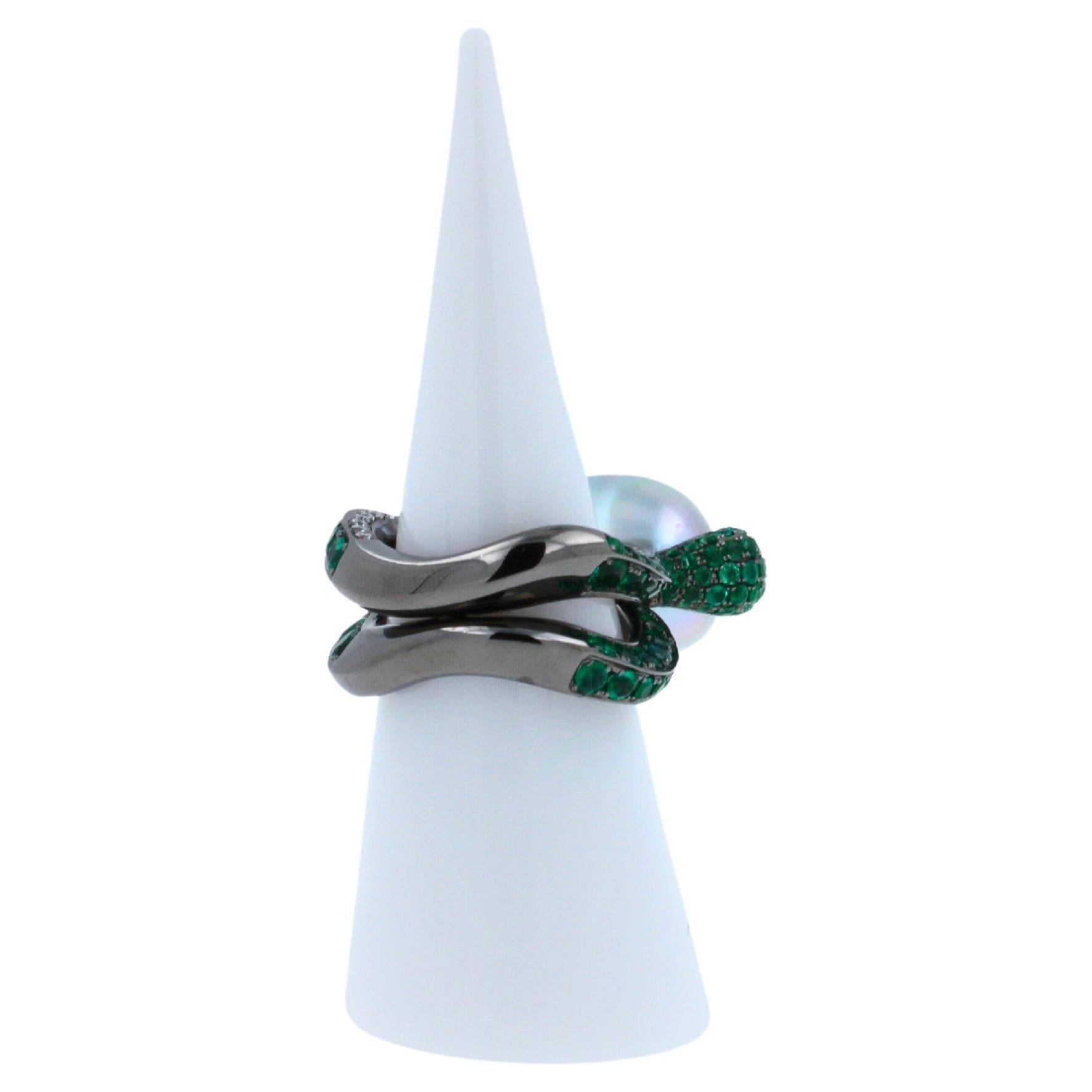 Silvery White Iridescent South Sea Pearl Emerald Diamond Sapphire 18k Gold Ring For Sale 6