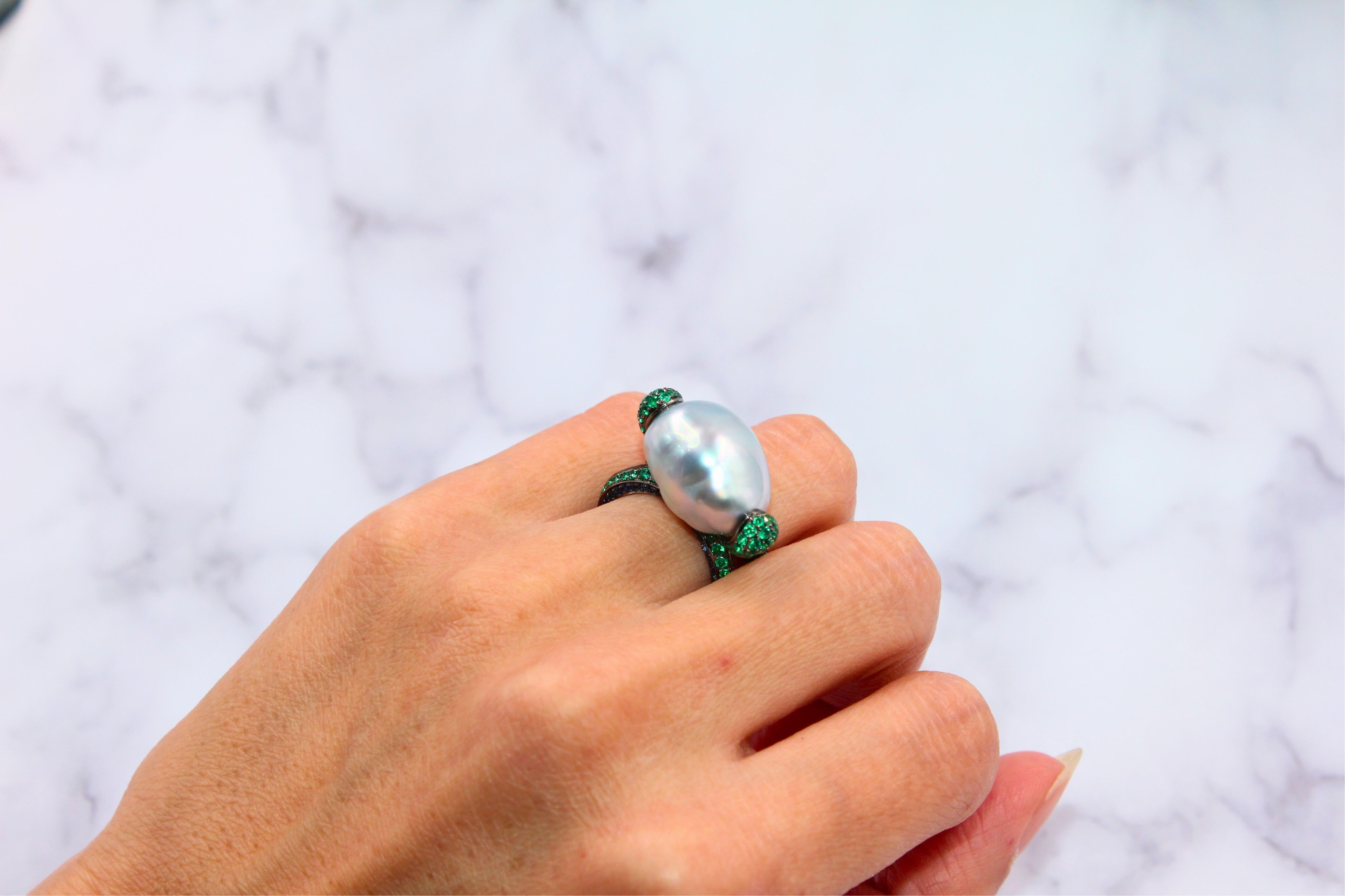 Silvery White Iridescent South Sea Pearl Emerald Diamond Sapphire 18k Gold Ring For Sale 8