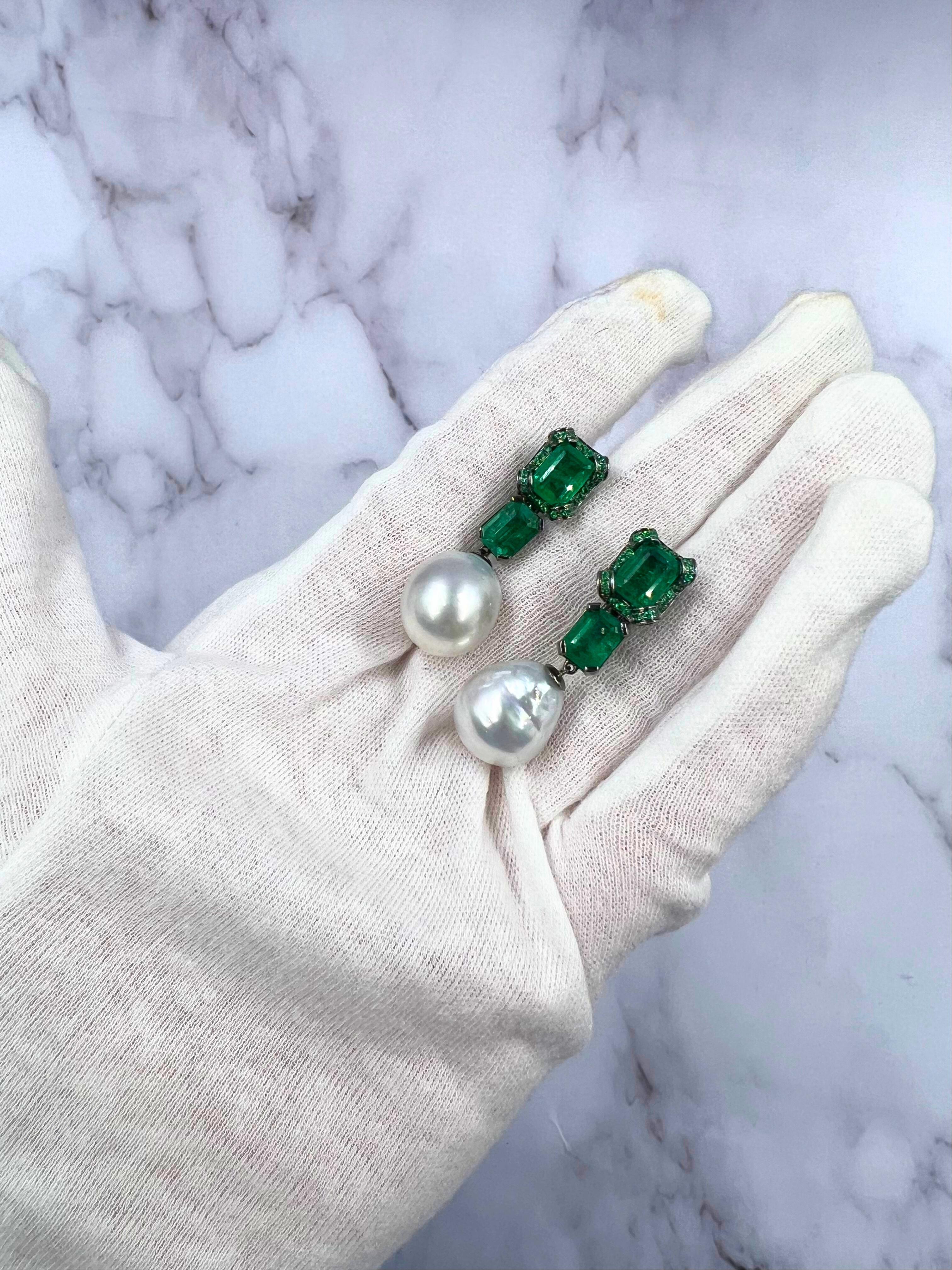 Silvery White South Sea Pearl Drop Emerald Pave 18k White Black Gold Earrings For Sale 6
